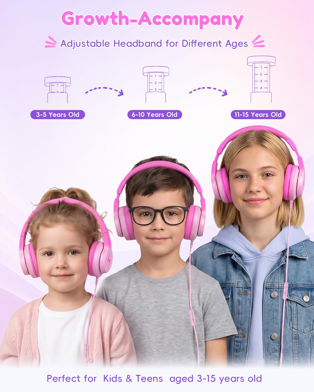 Candy Bila Cuffie per bambini per la scuola, cuffie USB C per bambini, cuffie cablate per bambini, suono stereo HD, cuffie sovraurali pieghevoli per bambini, ragazze, PC, tablet, colore rosa scuro