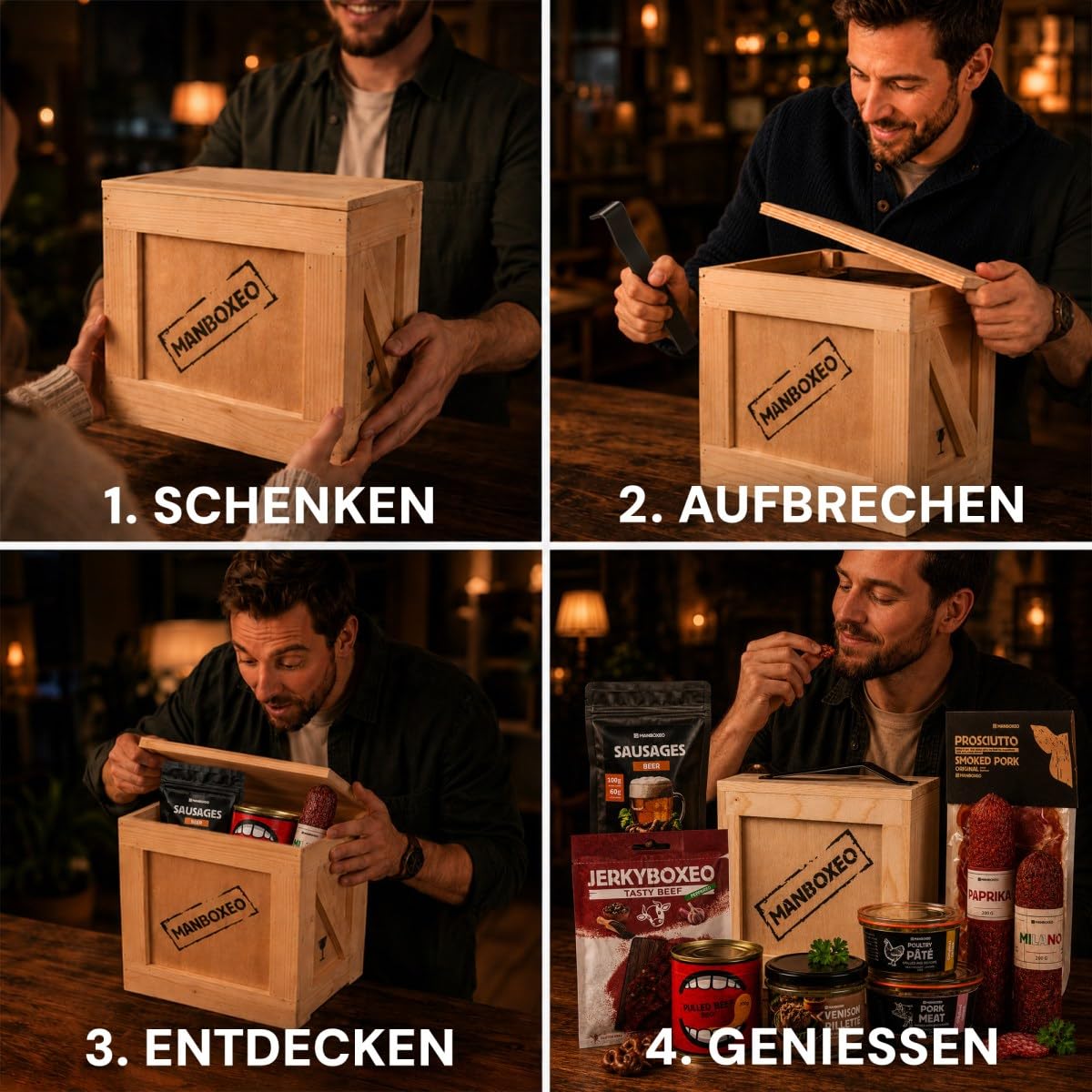 Manboxeo Signature Gourmet-Geschenkbox, 11-teiliges Geschenkset für Feinschmecker, Geburtstagsgeschenk für Männer mit ausgewählten Delikatessen und Gourmet-Spezialitäten