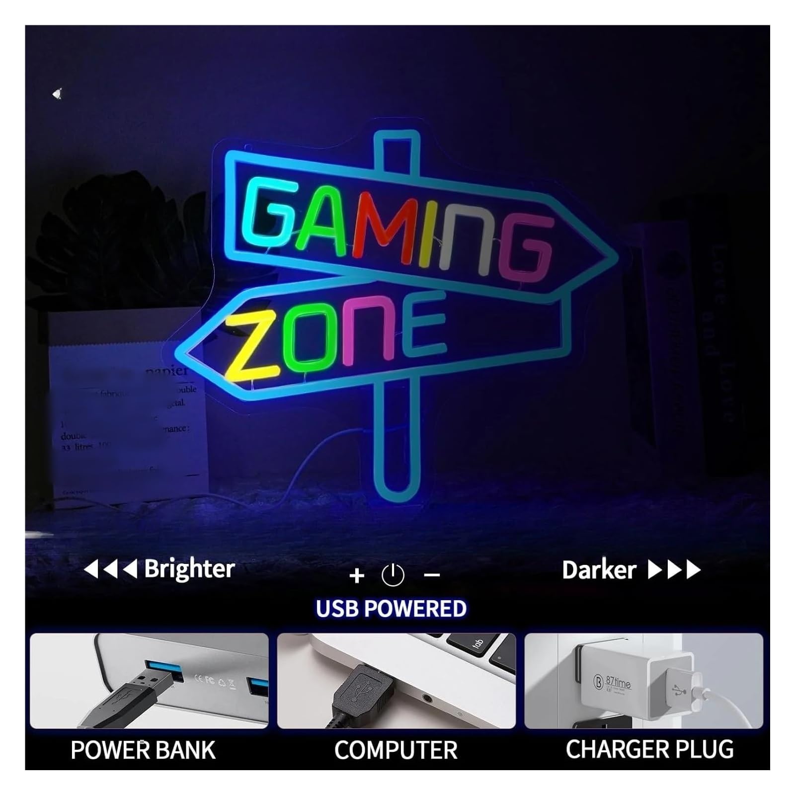 Décor Mural Lumière Enseigne Lumineuse LED Néon Gaming Zone Avec Flèche Et Intensité Variable, Idéale Pour Une Salle De Jeux, Un Bar Ou Une Soirée Entre Amis