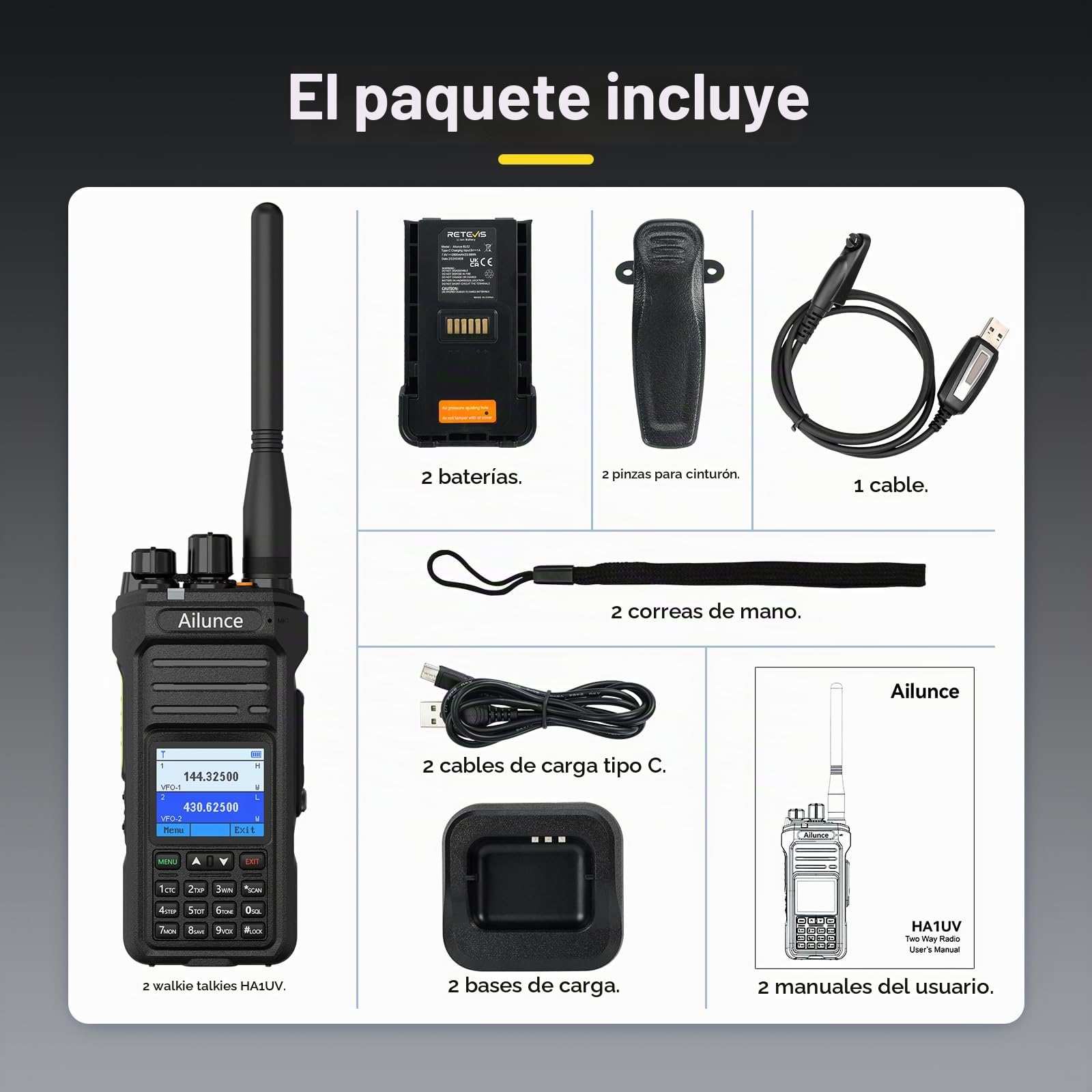 Retevis Ailunce HA1UV Radioaficionado, Walkie Talkies IP67 (2 Piezas) | Impermeable y a Prueba de Polvo, Banda Dual, 2800mAh, Radio Amateur Recargable USB-C para Emergencias, Caza, Senderismo