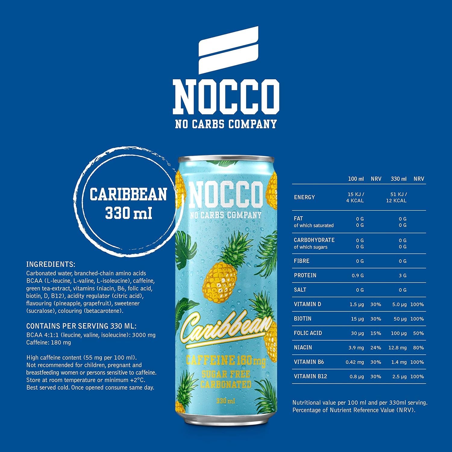 NOCCO BCAA Caraïbes 12 x 330 ml | Proteinreiches Energy - Obtenez des vitamines et du café boostés | Kohlensäurehaltige Sportgetränke für Muskelleistung et - régénération