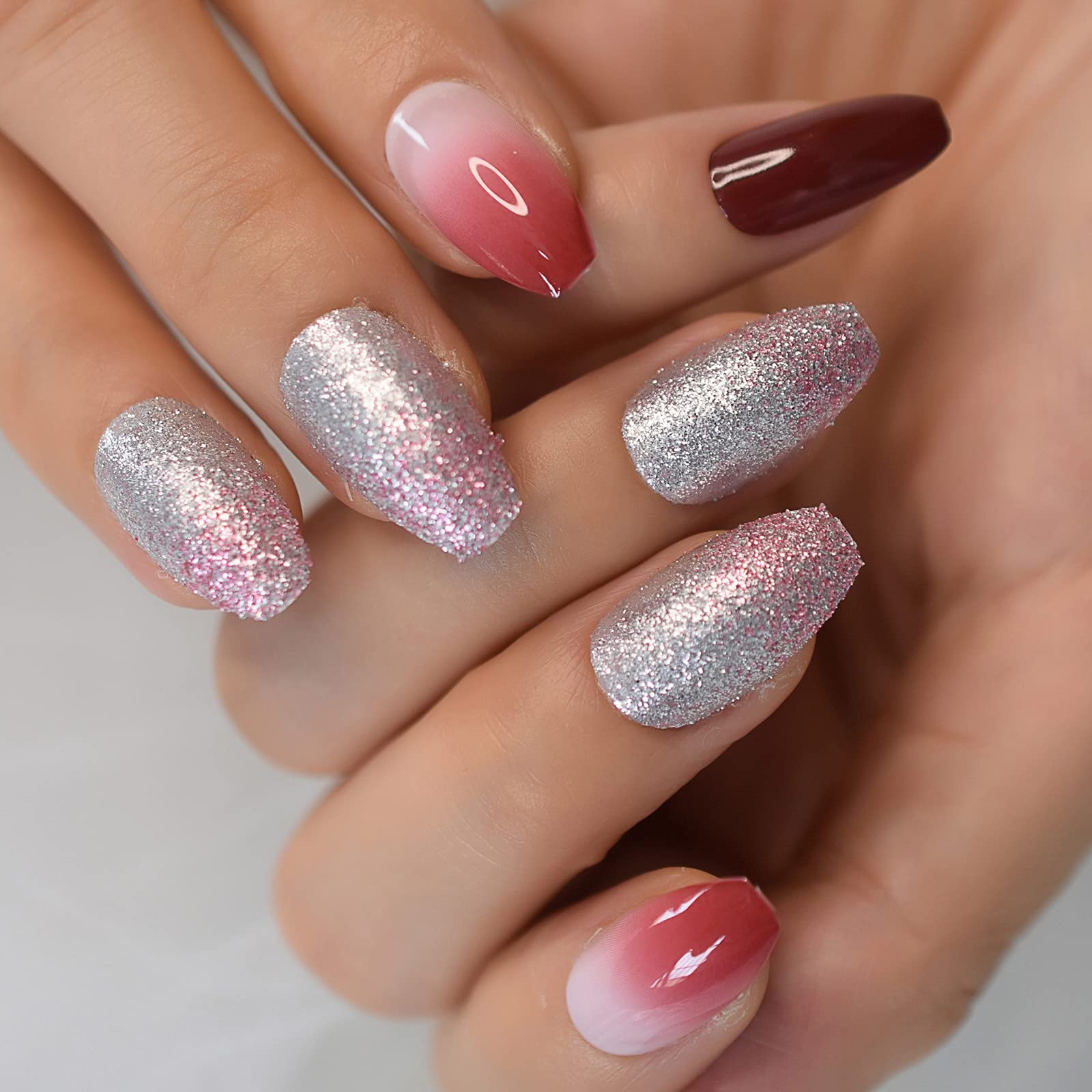 Amazon.com: Coolnail Glossy Red French Coffin False Nail Ombre Gradient  Silver Glitter Ballet Press on Fake Nails Tip Daily Office Fingernail Wear  : Everything Else