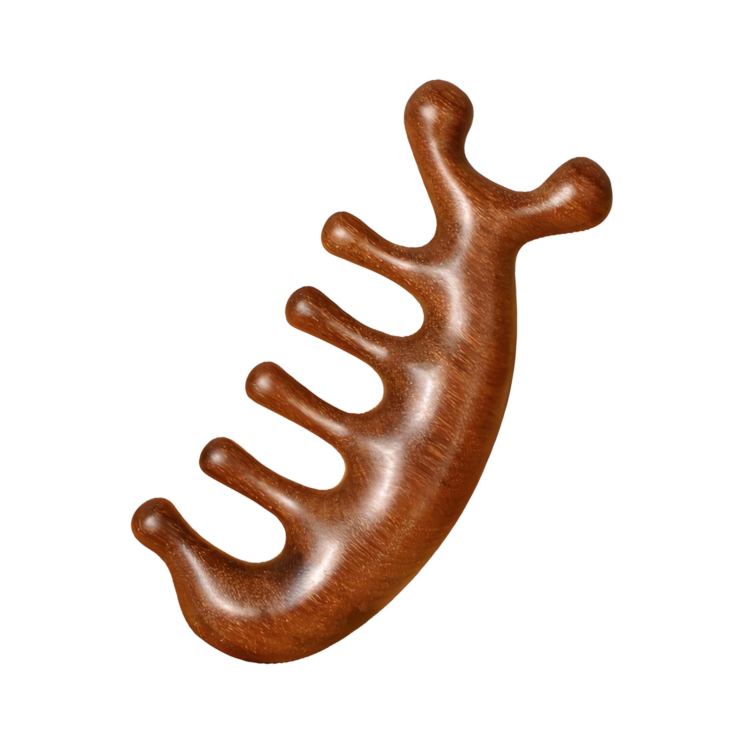Gua Sha Wood Massage Tool - Natural Sandalwood Scalp Massager Comb for Head Neck Shoulder, 7-Prong Ergonomic Handheld Design, Brown