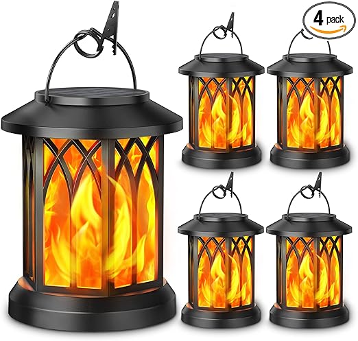 KOOPER 4 Pack Solar Lantern Outdoor Lights, Upgraded Flickering Flame Solar Lanterns Lights Outdoor Waterproof, Hanging Lantern Decorative, Solar Powered Lanterns for Yard Patio Path Tree Garden Decor