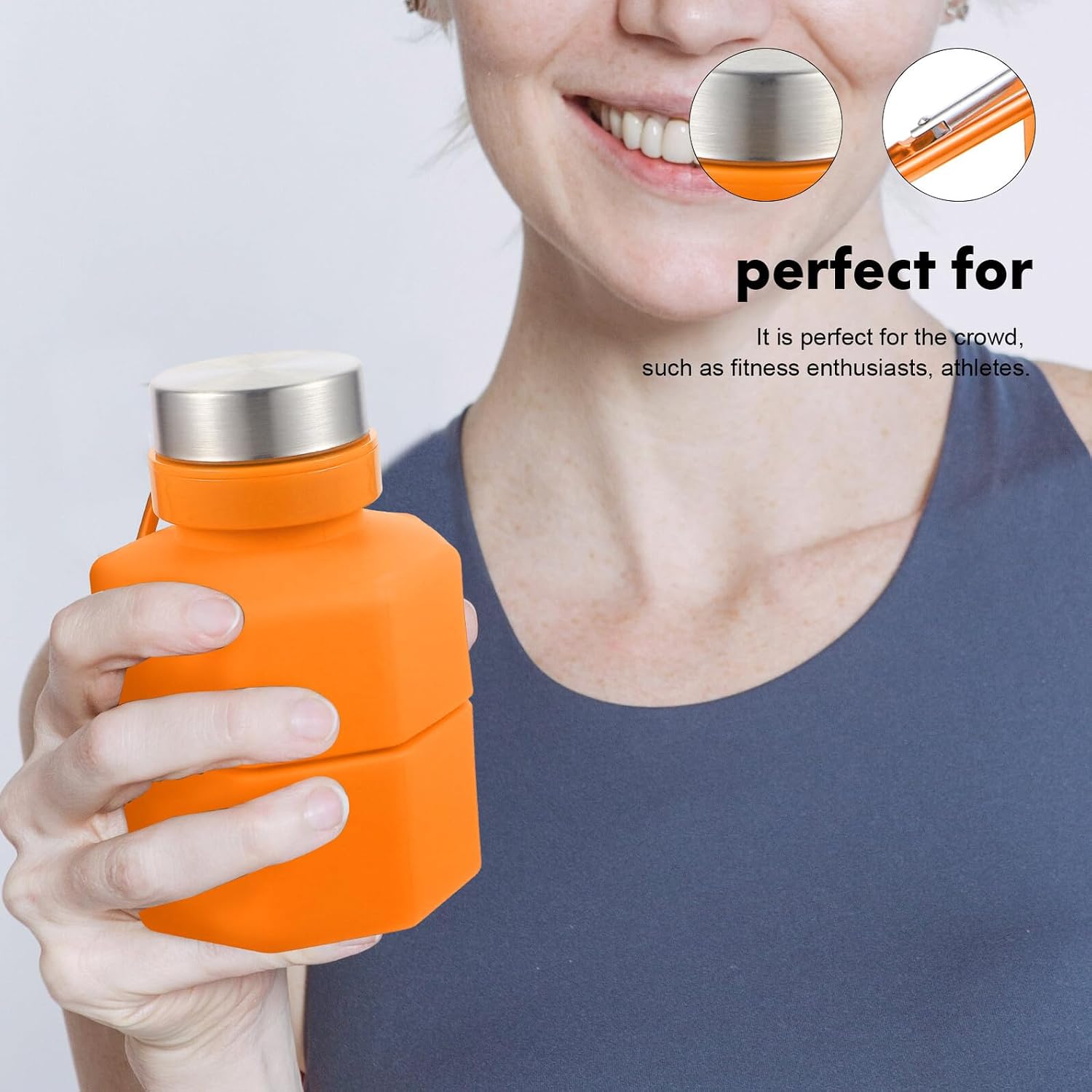 Abaodam Dumbbell Shaped Water Bottle 650ml Portable Silicone Collapsible Sports Kettle for Running Fitness Outdoor Use Orange image 4