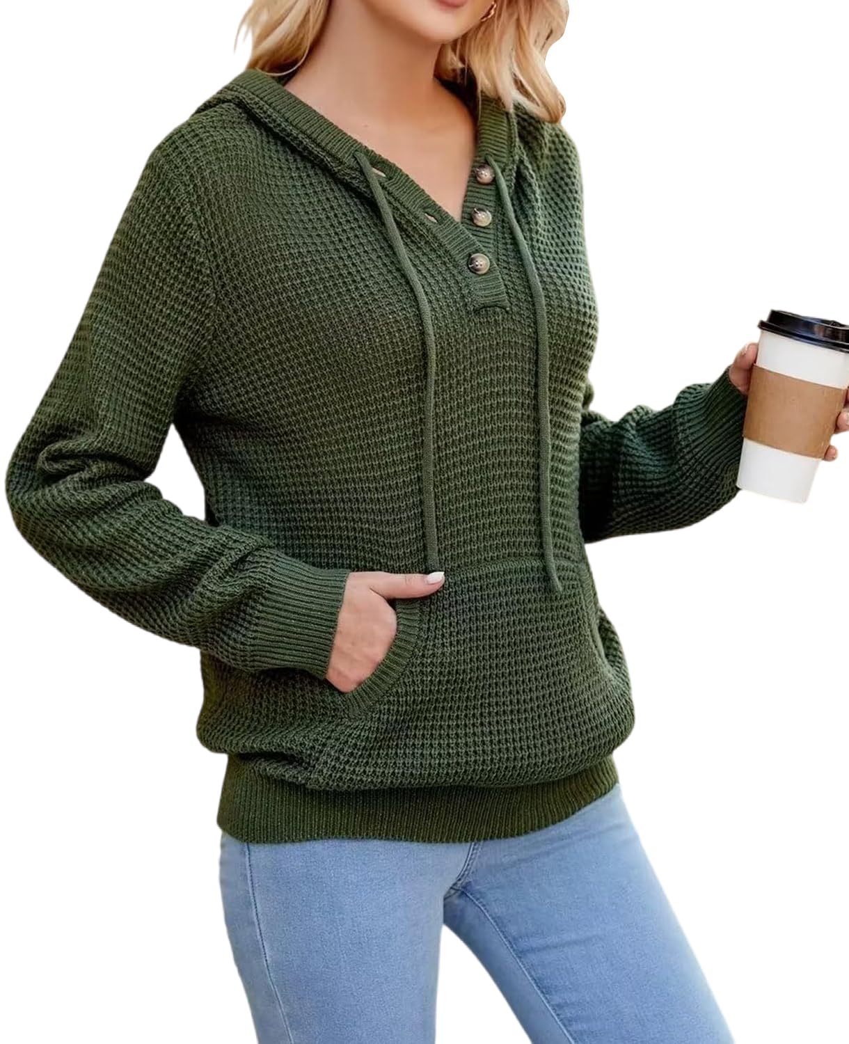 TrendiMax Sweat à Capuche en Tricot pour Femme - Boutonnière - Col en V - Pull à Manches Longues - Automne et Hiver - Haut avec Capuche