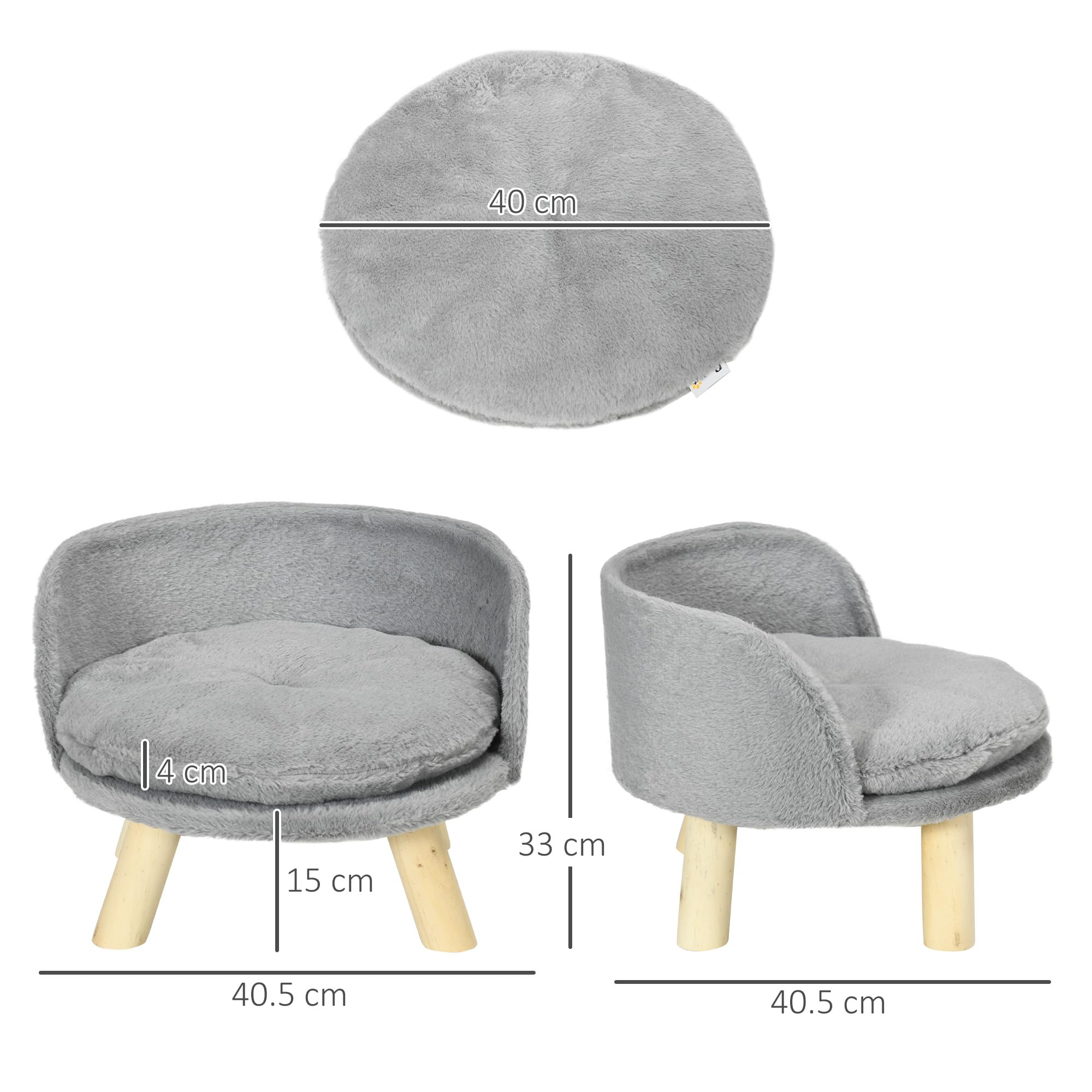PawHut Lettino per Cani Taglia Media di 5 kg Massimo Rotondo, Divano per Cani in Tessuto di Peluche e Legno con Cuscino Extra Lavabile in Cotone PP, Ø40.5x33 cm, Grigio