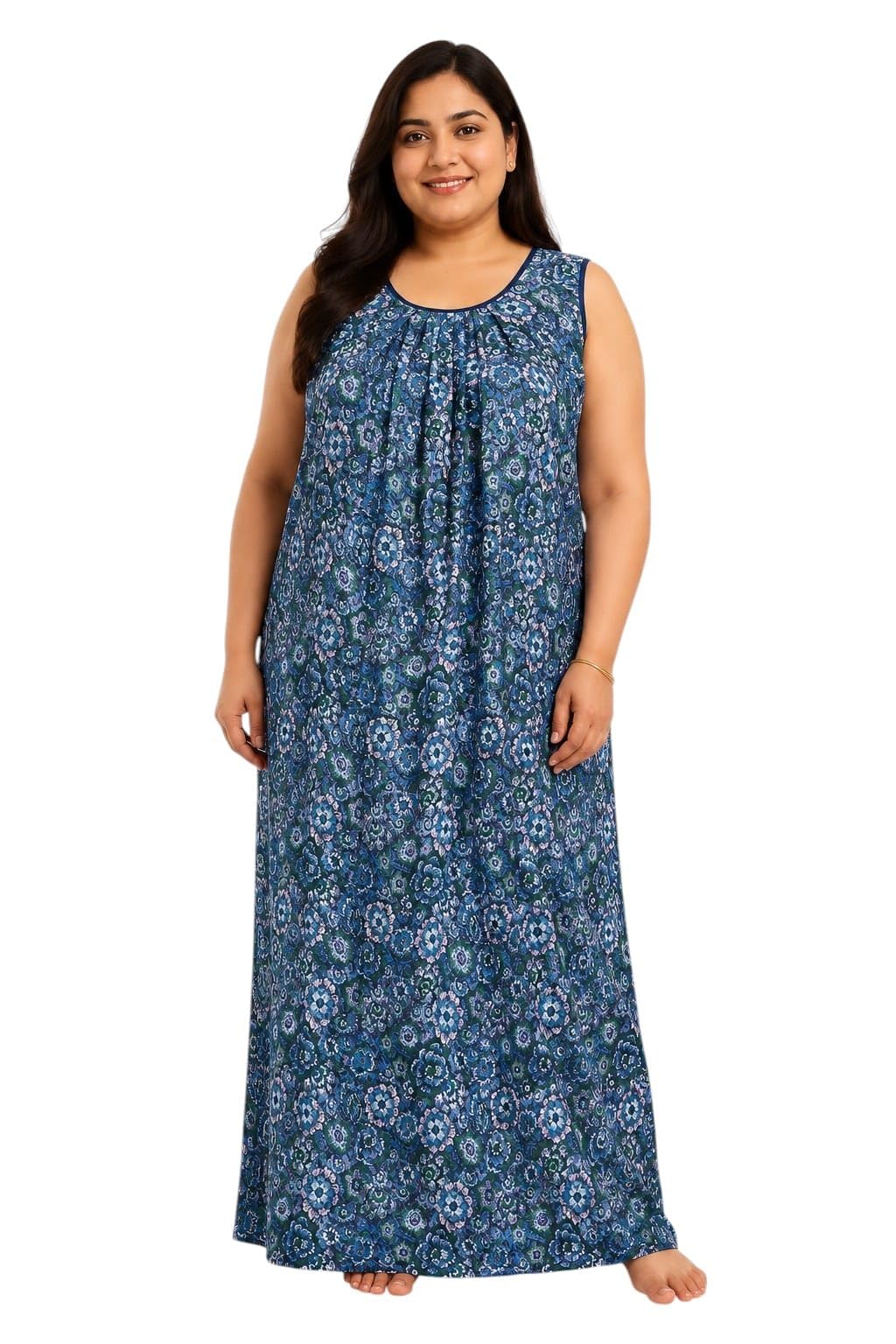 Floral Pattern Plus Size Cotton Sleeveless Nighties for Women - Blue-image-1