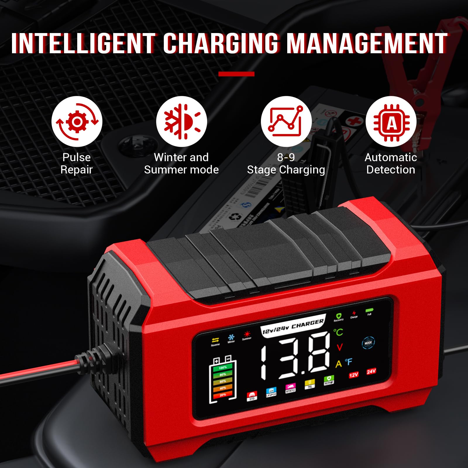 Ładowarka samochodowa 15 A, 12 V/24 V, elektryczna ładowarka samochodowa z inteligentną pamięcią, 9 kroków ładowania, ładowarka motocyklowa LiFePO4 z wyświetlaczem LCD