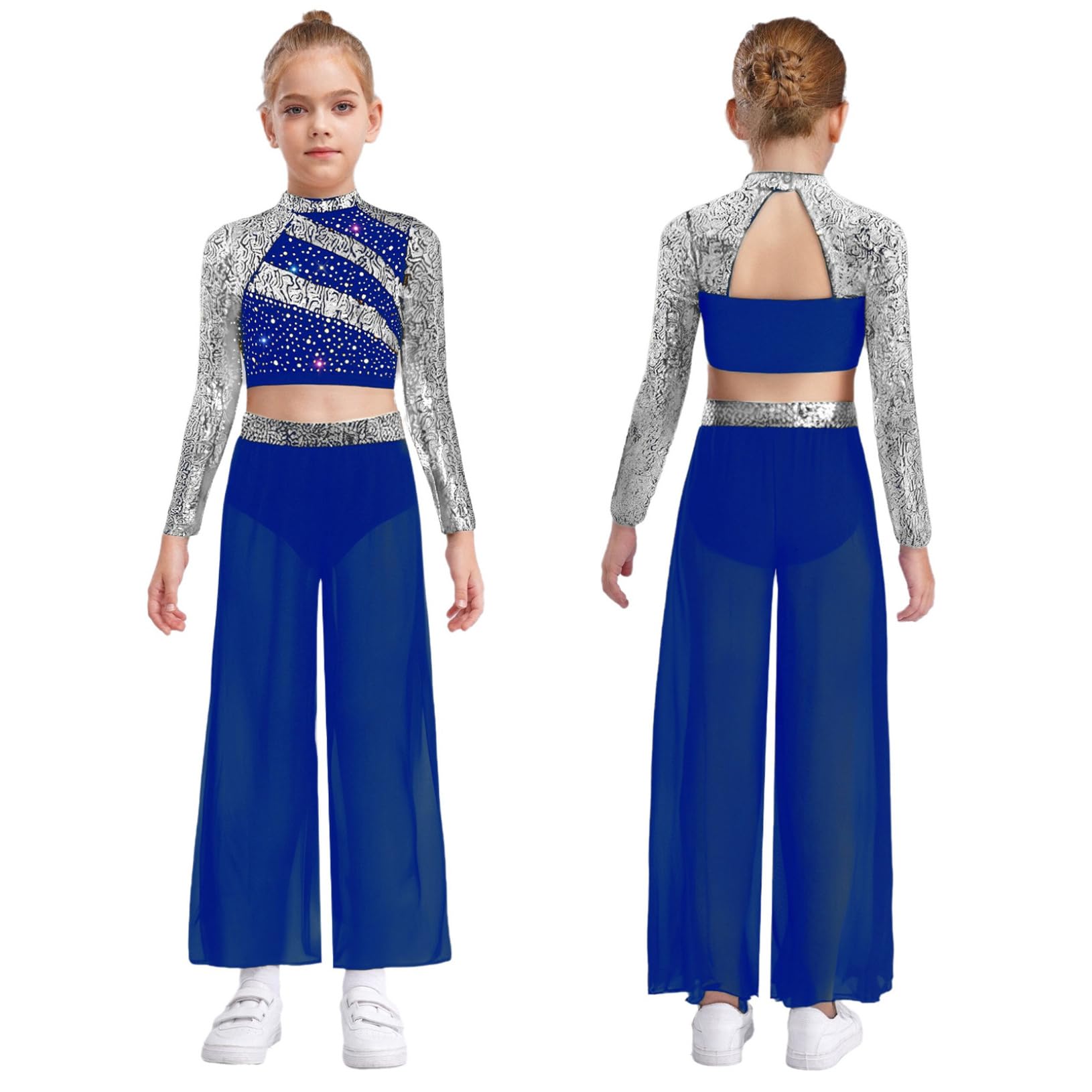 Freebily Costume Danse Latin Jazz Enfant Fille Ensemble Pantalon Évasé et Haut Danse Lyrique Compétition Spectacle Tenue Patinage Artistique Paillettes