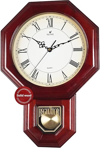 Miniatura 10 de JUSTIME Traditional Schoolhouse - Reloj de pared de péndulo de madera maciza con campanillas cada hora con melodía Westminster (madera natural con