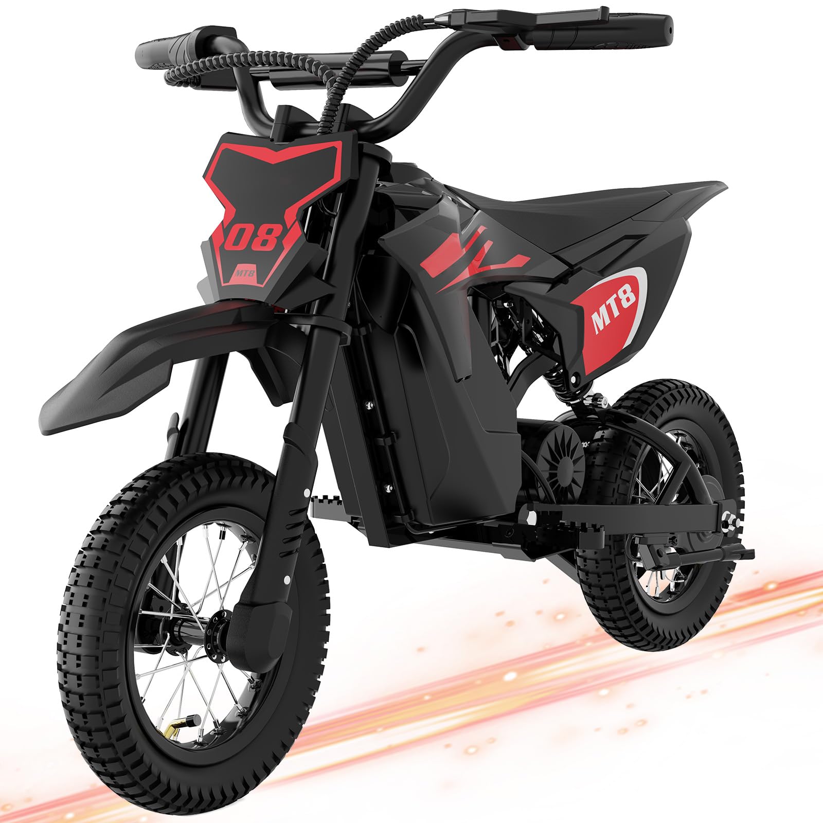 Moto électrique pour Enfants MT8, Moteur 300W, 3 Vitesses 25 km/h, Autonomie 18 km, Pneus 12 Pouces, Suspension, Frein à Tambour, 60 kg