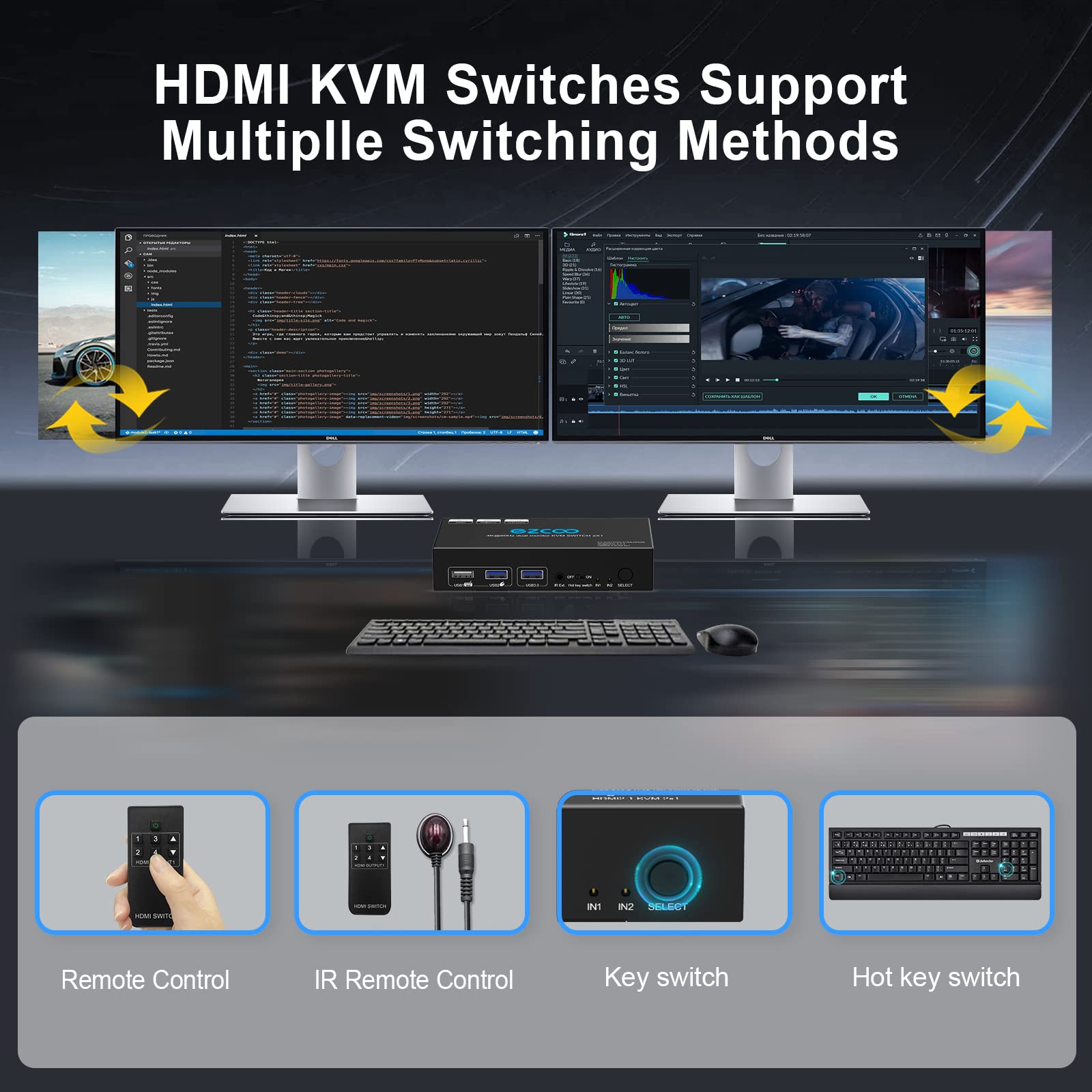 Commutateur KVM HDMI double moniteur 4K 60Hz USB 3.0 2 ports avec raccourci 18 Gbit/s HDCP2.3 2x HDMI écran étendu Partagez 2 PC avec un clavier Mous HDR D-olby Vision VRR IR Télécommande