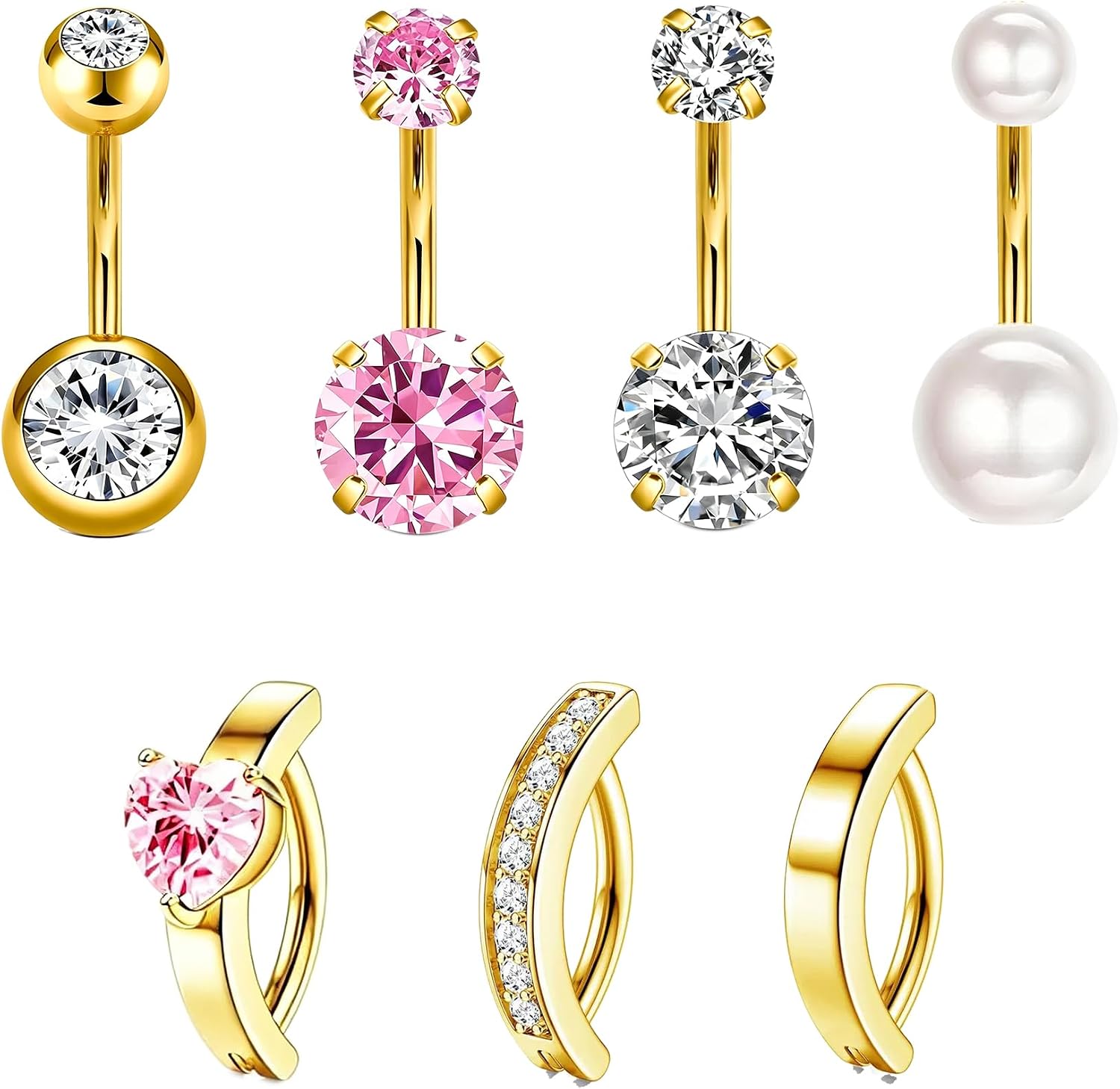 14G Belly Button Ring, Gold/Silver,10mm bar,navel piercing | Barbell Navel Piercing Jewelry,Hypoallergenic bar,pearl,cubic zirconia,clicker,pink heart,clear belly button