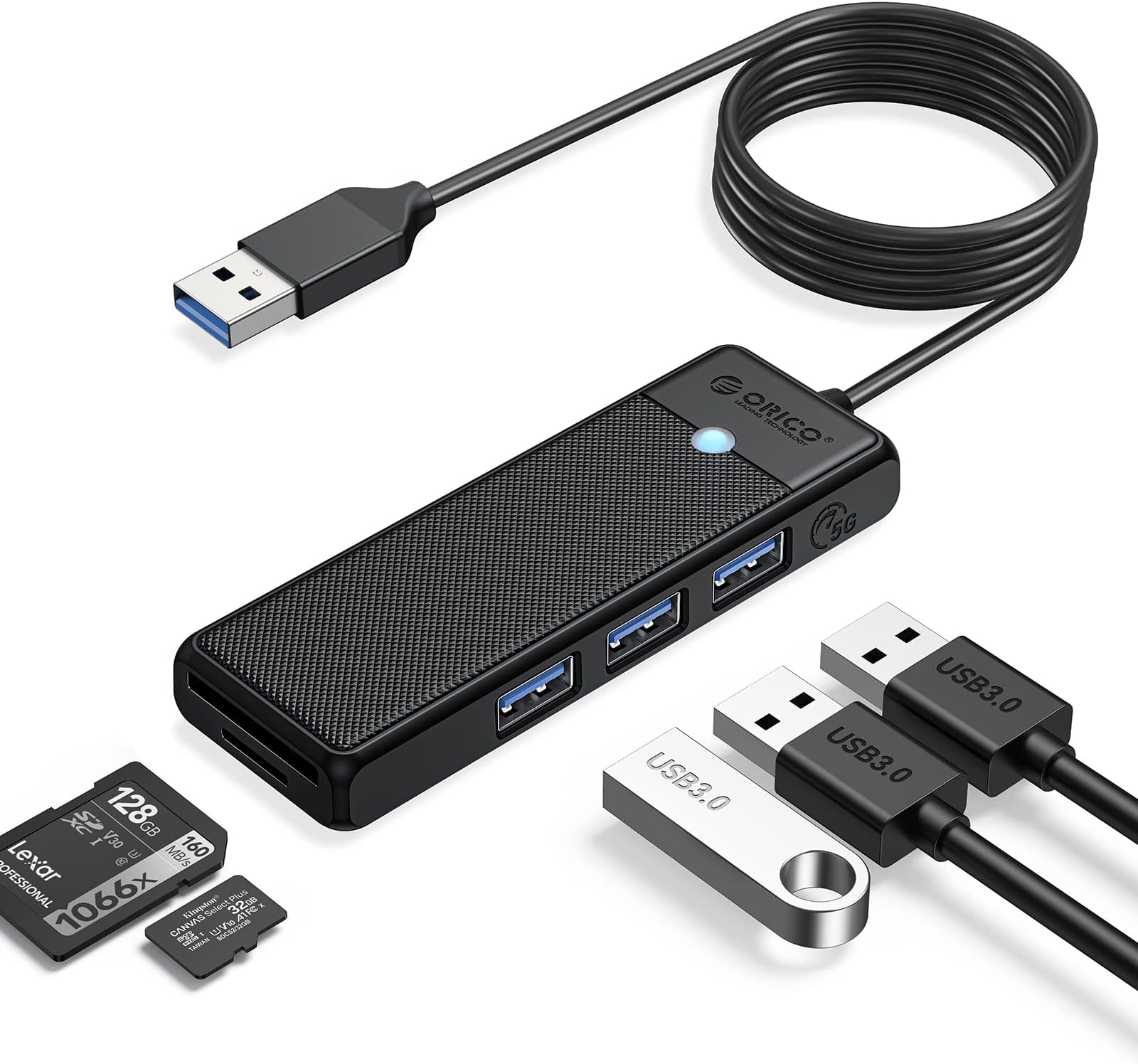 USB 3.0 Hub, ORICO 5-Ports USB Hub with 6FT Long Cable, 3.0 SD/TF Card Reader, 3 USB 3.0 Ports,USB Splitter USB Expander for Laptop, Xbox, Flash Drive, HDD, Console, Printer, Camera,Keyborad, Mouse