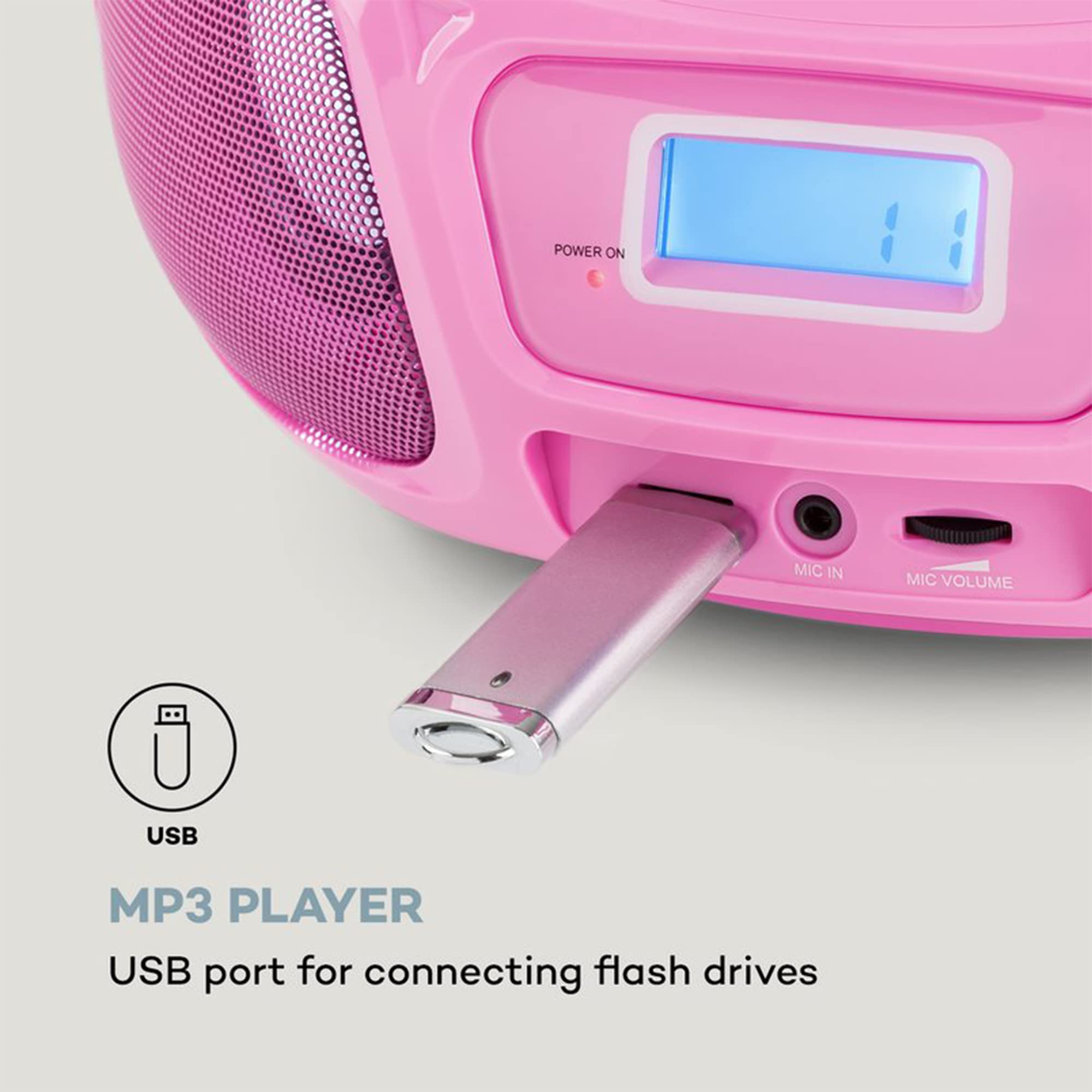 Auna Tragbarer Radio für Kinder mit CD Player, Mikrofon und USB, 3 W Boombox mit Bluetooth Funktion, AUX/FM Radio Tragbar mit LED-Display, MP3, 5.0 Streaming, CD-Radio mit für Mädchen und Jungen