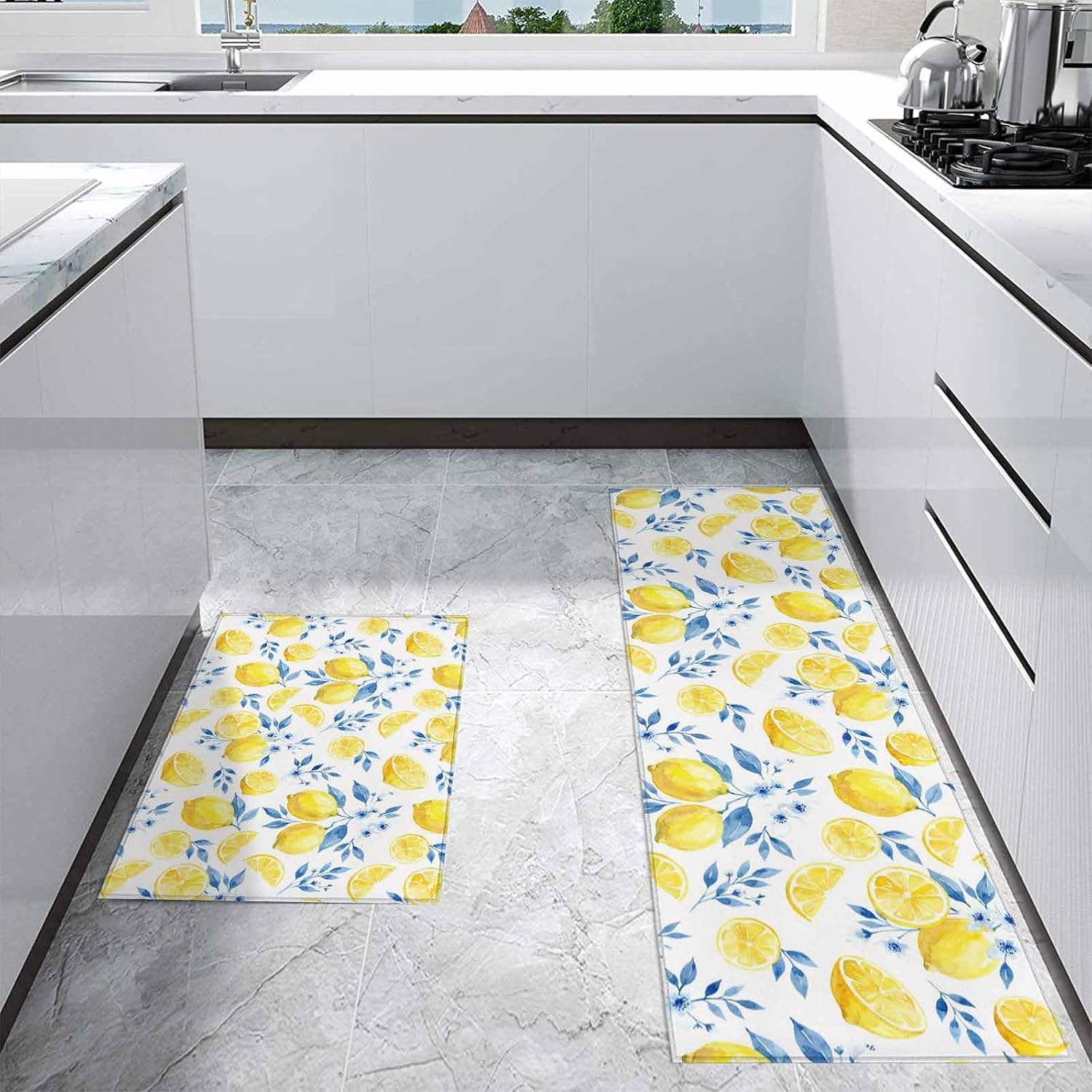 Kitchen Mats for Floor Summer Lemon Blue Flower Leaves Washable Non Slip Kitchen Rugs 2PCS, Watercolor Botantical Absorbent Standing Mats for Sink Bathroom Office Living Room 15.7x23.6in+15.7x47.2in