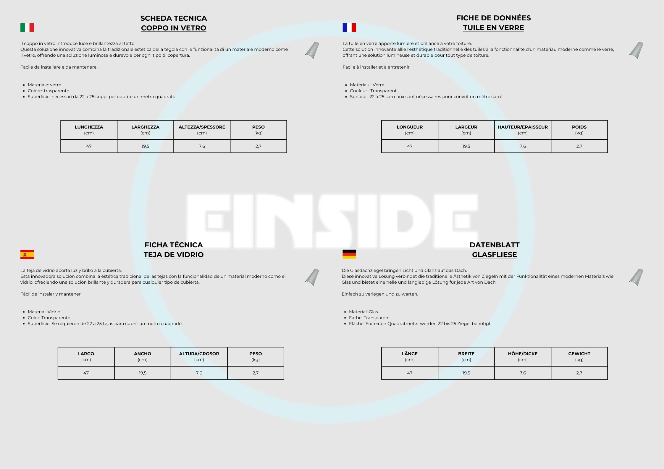 EINSIDE Teja de vidrio, Tejas de vidrio para techos y marquesinas (Teja árabe)