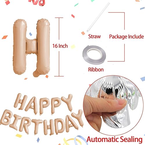 Miniatura 2 de KALOR Pancarta de Globos Beige de Feliz Cumpleaños, Letras de Globos de Papel de Aluminio Mylar de 16 Pulgadas para Decoraciones de Fiesta de