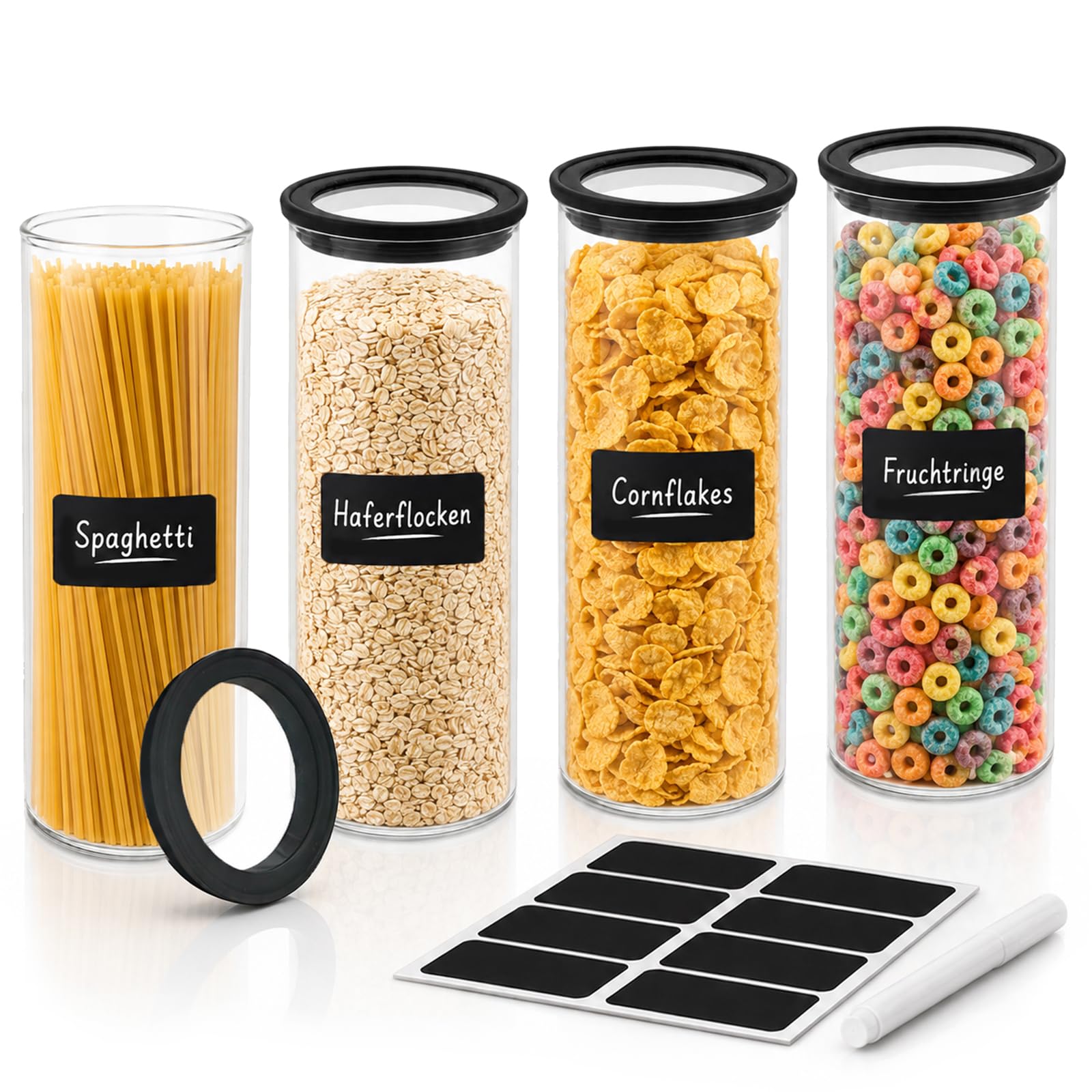 4er Set Vorratsgläser mit Deckel Luftdicht 1.8L Vorratsdosen Glas Luftdicht Große mit Etiketten Aufbewahrungsgläser Rund mit Transparenten Glasdeckel für Spaghetti Mehl Müsli Reis und Cornflakes