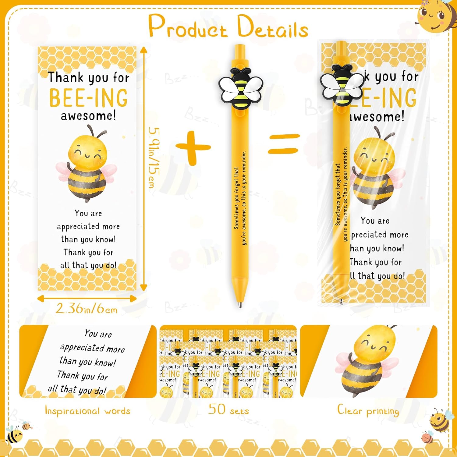 Qilery 50 Sets Bee Theme Pen Favor Bulk – Thank You for Bee-ing Awesome Employee Volunteer Teacher Nurse Gifts for Lab Week & Lunch Hero Appreciation (Sometimes You)