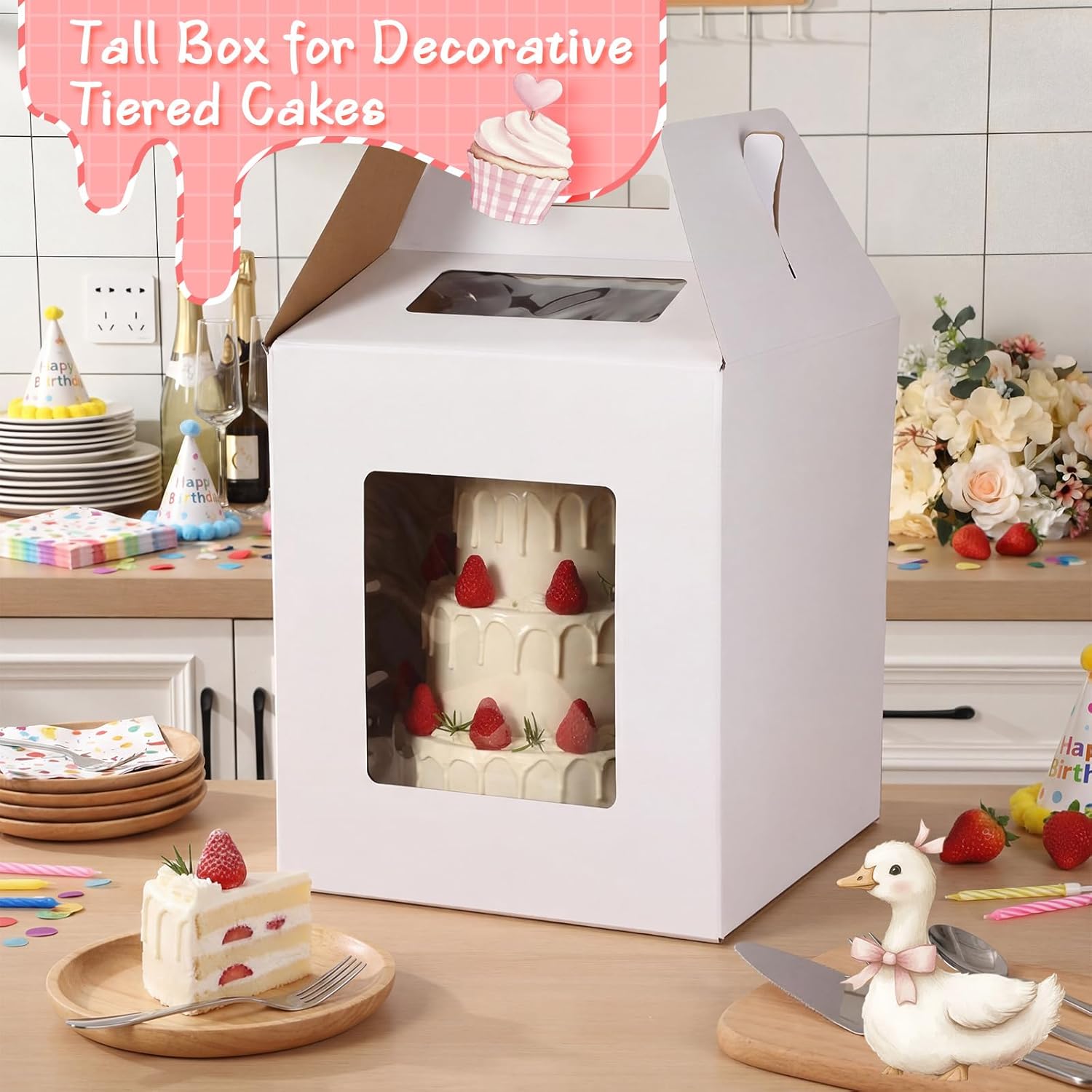 10 Packs Tall Cake Boxes 14 x 14 x 16 Inch with Window Boxes for Tier Cake Layer Tall Baking Carrier Large Tiered Bakery Take out Transport Containers with Handle for Wedding Birthday Party