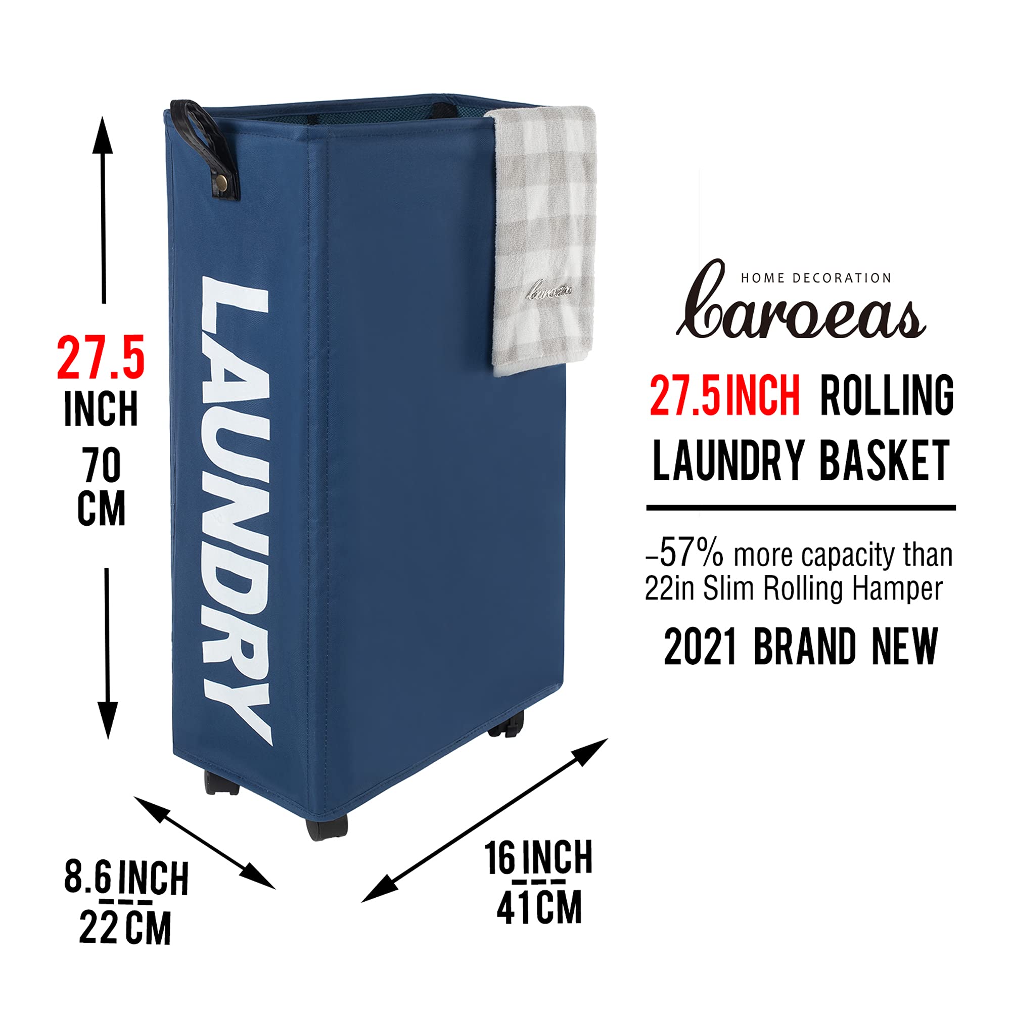 Caroeas 27 inch Rolling / Leather Handle Slim Laundry Baskets 27 inch Tall with Leather Handle ( 8 Colors ), Laundry Basket on Wheels , Collapsible Laundry Hamper, Rolling Hamper Dorm Baskets