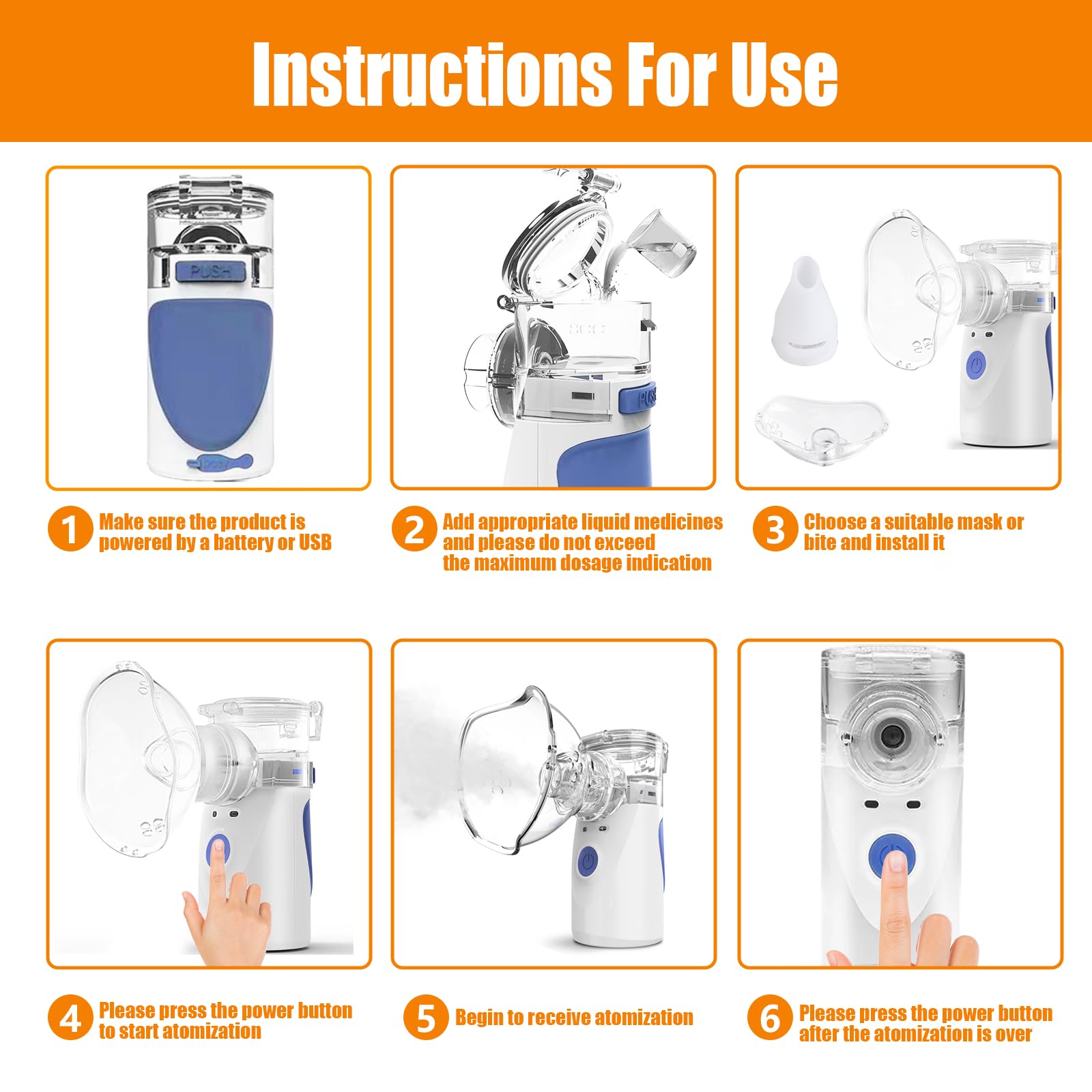 Nebulizador Portátil para Adultos & Niños & Bebe, Aerosol Ultrasónico Silenciosos Recargable USB con 2 Máscaras & 1 Boquilla, Eléctrico Inhaladores Ruido Bajo Mano para Hogar Uso Viaje