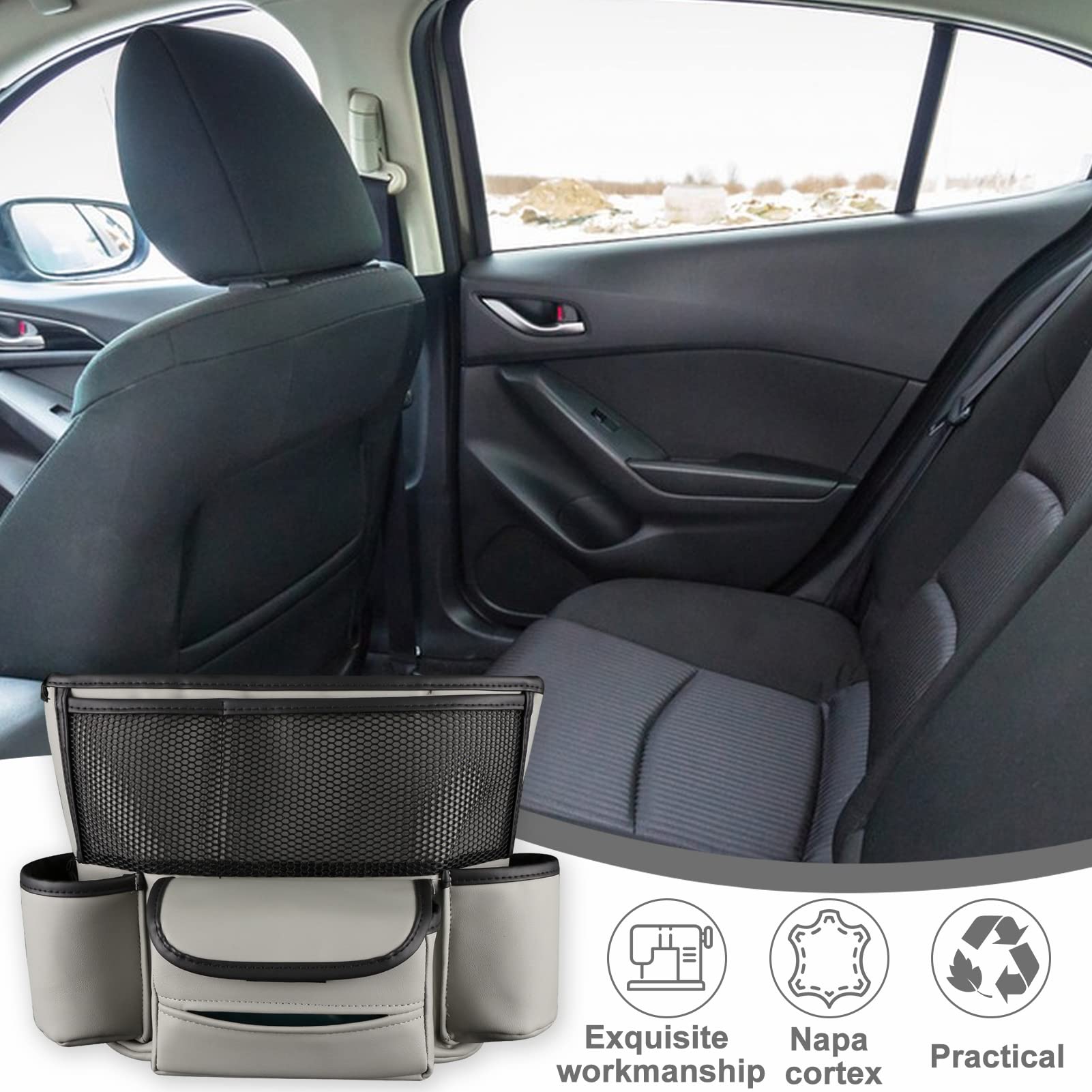 jiaji Multifunctionele autostoelorganizer, 2 stuks automatische console zijopbergdoos met bekerhouders 2 zithaken voor drank, auto-organizer voorstoel voor het vasthouden van telefoon, zonnebril