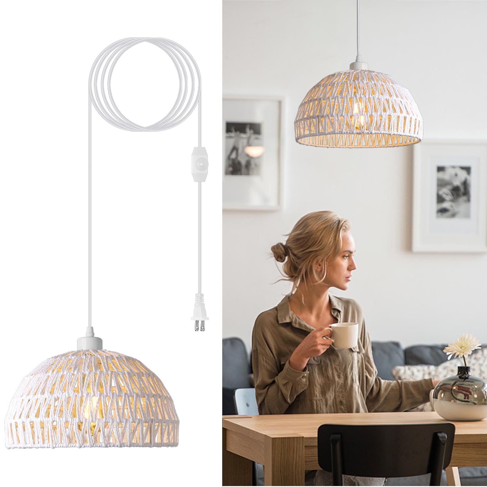 Lampa Wisząca Z Wtyczką, Rattanowe Lampy Wiszące Z Przewodem Z Wtyczką Przewód Ściemnialny O Długości 14,7 Stopy,Ręcznie Tkana Wiklinowa Lampa Wisząca Z Abażurem,Wisząca Lampa Sufitowa Z Wtyczką Boho