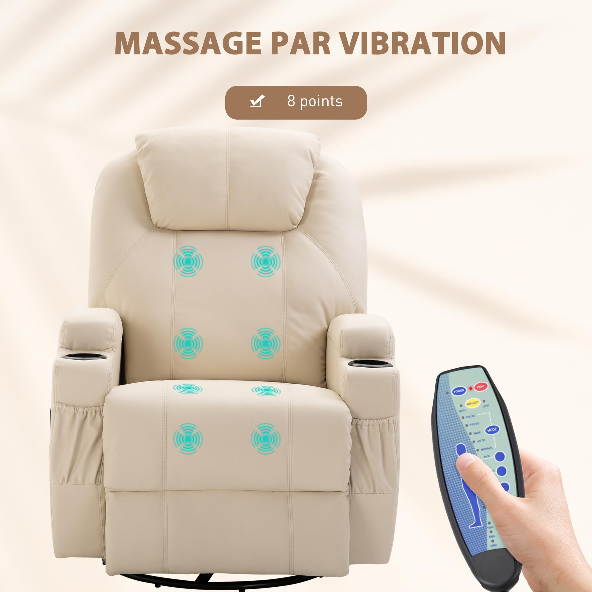 HOMCOM Fauteuil de Massage inclinable, Bascule et pivotant à 360°, Fauteuil de Relaxation, Dossier et Repose-Pieds réglable manuellement, télécommande, Porte-gobelets et Poches latérales, crème
