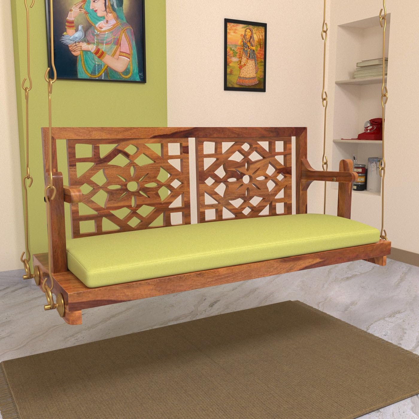 Jairi Traders Wooden Swing (4ftx2ft) Solid Wooden Hanging with Hand Rest and Back Support Jhula Wooden Swing (with Stainless Steel Accessories) Reversible Floral Design-image-37