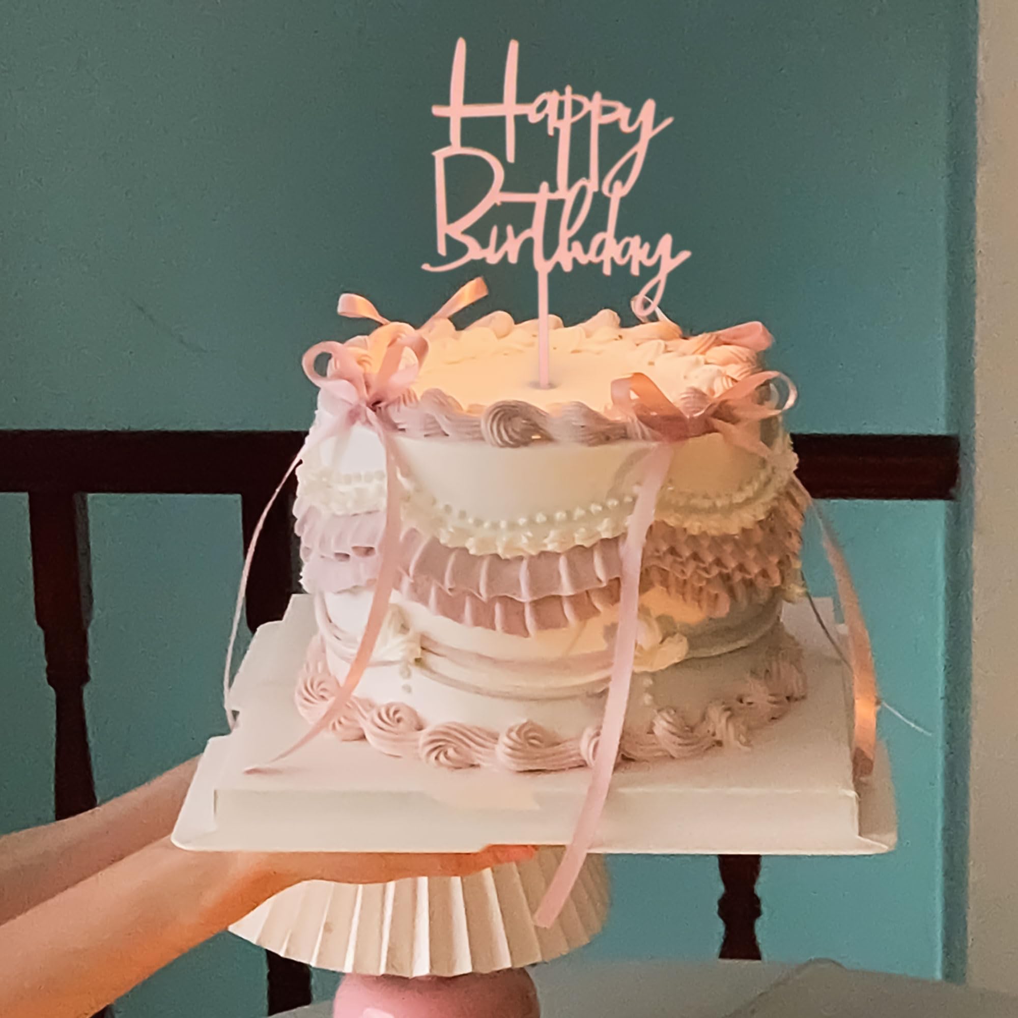 JeVenis Set Decorazione Torta Con Fiocchi Rosa – 12 Fiocchi E Topper 'Happy Birthday' – Per Compleanni E Matrimoni