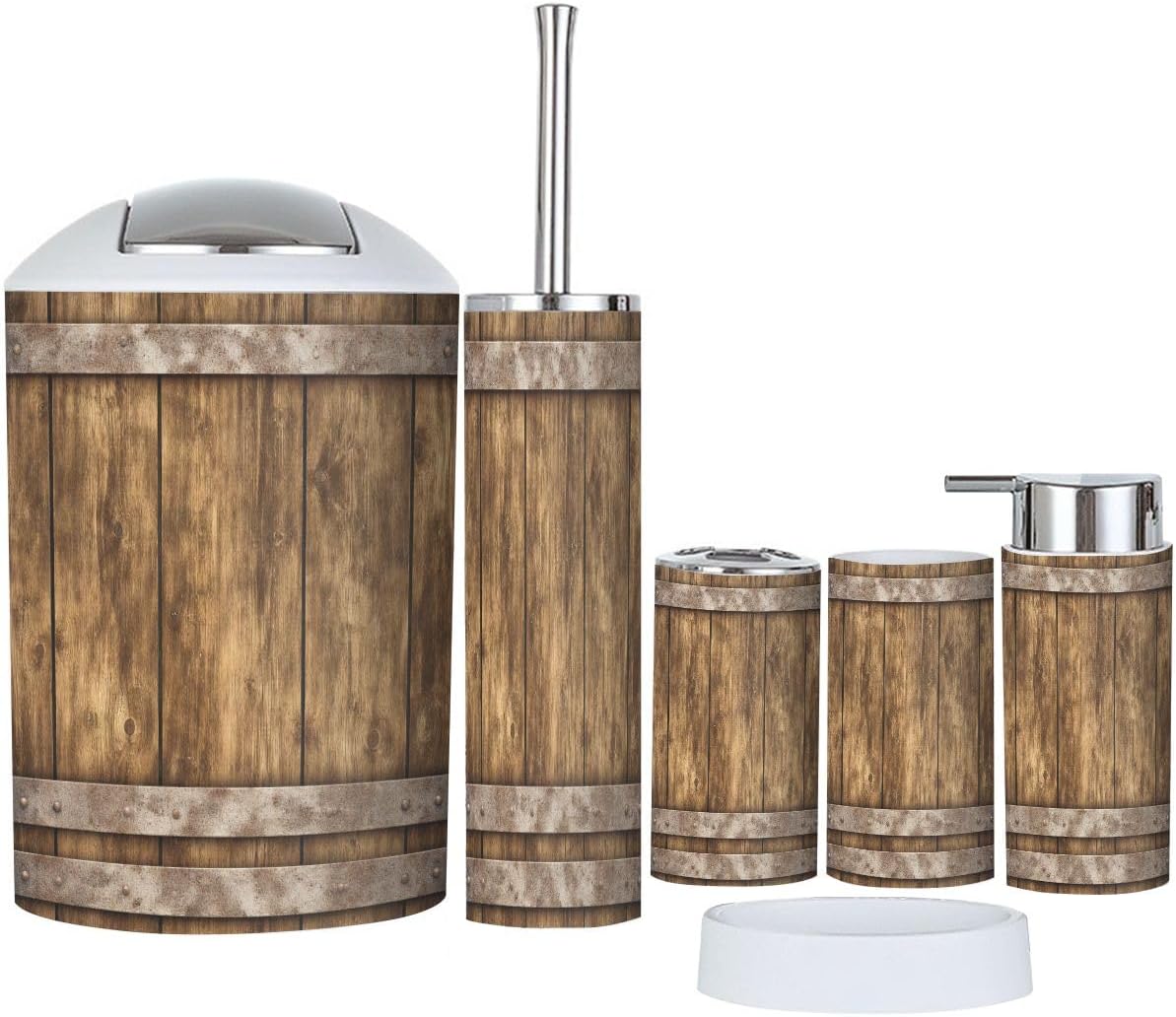 Bathroom Accessory Set 6 Piece Boho 3D Beer Barrel Wooden Texture Trash Can, Toothbrush Holder, Soap Dispenser, Soap Dish, Toothbrush Cup, Toilet Brush Holder