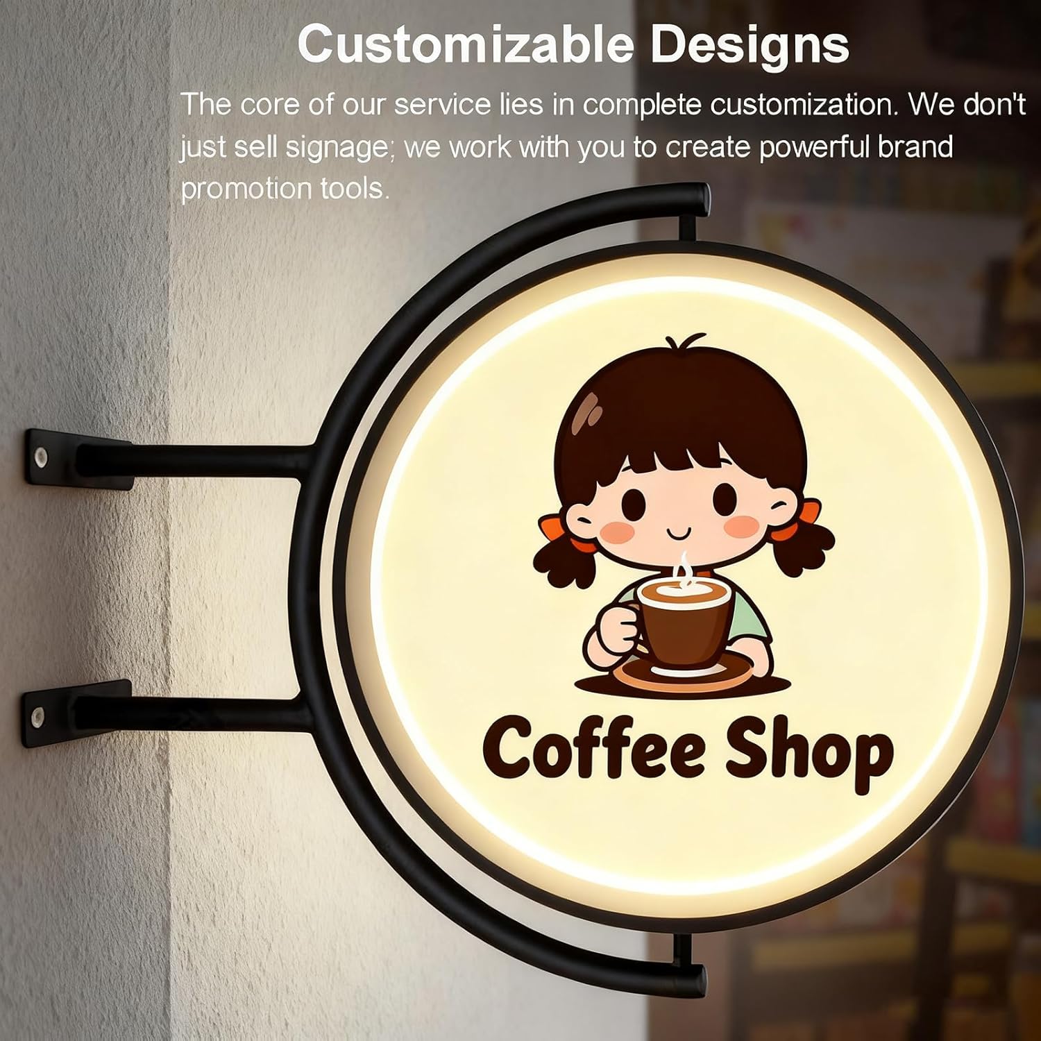 Weatherproof Outdoor Advertising Sign, Double-Sided LED Light Box, Custom Round Projecting Lightbox Sign, Illuminated Advertising Billboard, for Restaurants, Milk Tea Shops 60cm