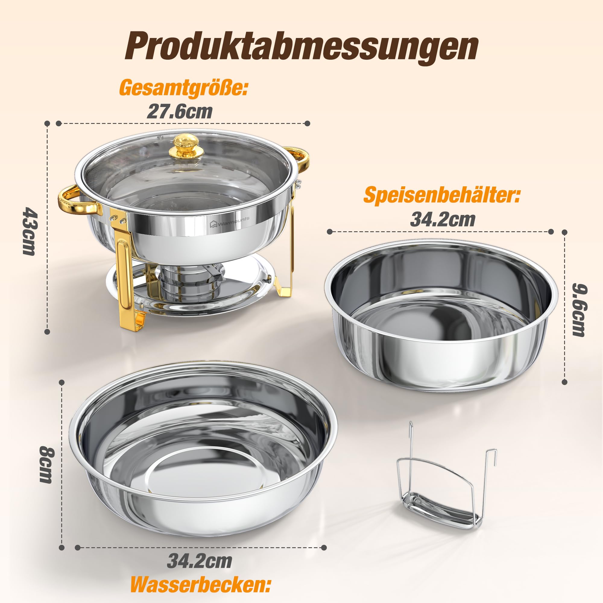 WARMOUNTS 6L Chafing Dish 4er Set Silber & Gold, Runder Speisenwärmer Edelstahl mit Glasdeckel, Stapelbarer Warmhaltebehälter Buffet Rechaud mit Deckelhalter für Gastronomie, Party, Hochzeit