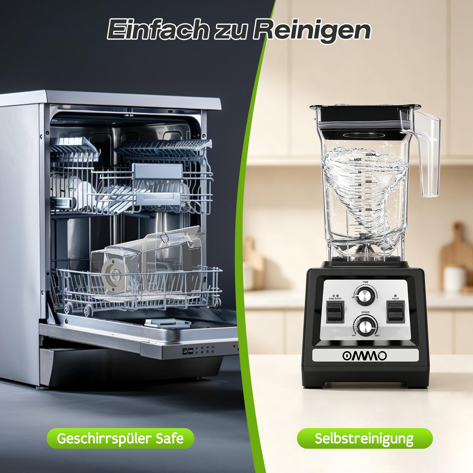 OMMO 2L Standmixer Hochleistungsmixer, Mixer Smoothie Maker Max 1800W | für Eisbrechen, Milkshakes, Gefriergetränke, Timer und Geschwindigkeitssteuerung, 6 Verbesserte Edelstahlklingen, BPA Frei