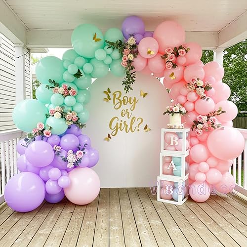 Miniatura 9 de Kit de arco de globos rosa, morado y verde menta, globos pastel de doble relleno con mariposas doradas para baby shower, cumpleaños de niña, tema de