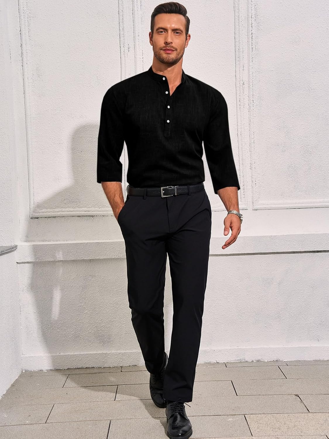 Runcati Mens Linen Henley Shirts Casual Lightweight 3/4 Sleeve T-Shirt Summer Beach Yoga Hippie Tops - Image 4