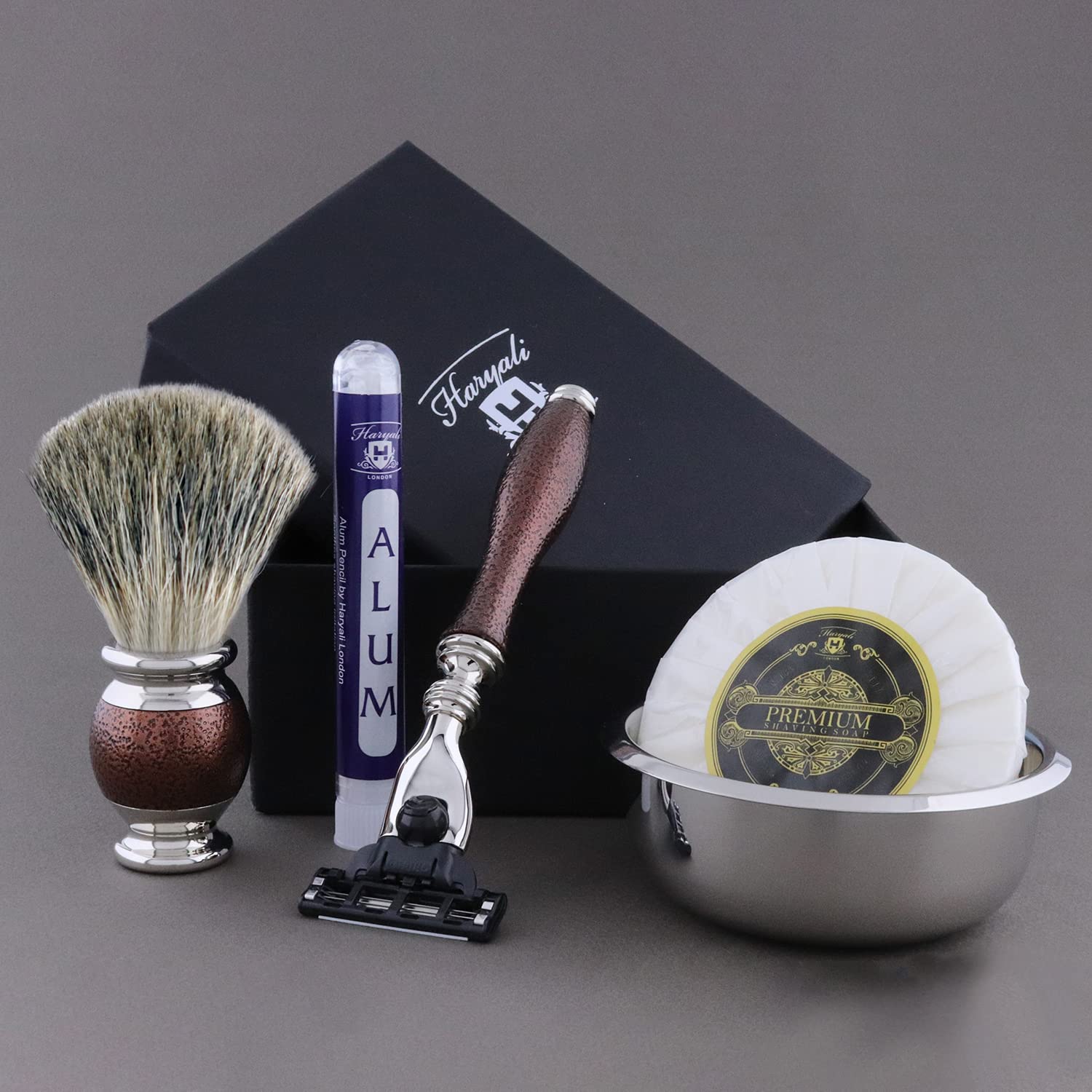Haryali London 3 Edge Shaving Razor with Black Badger Hair Brush, Soap, Bowl and Alum Perfect Mens Grooming & Shaving Kit for Perfect Shave