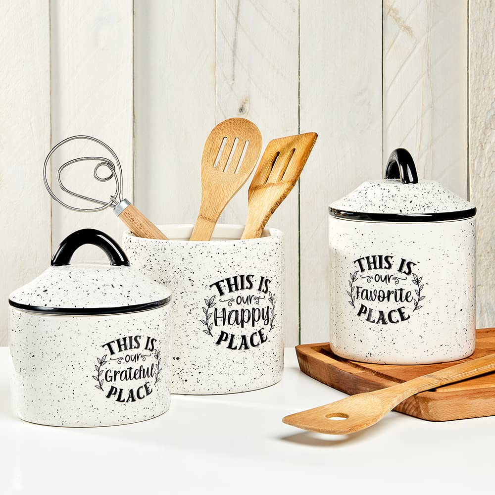 American Atelier Canister Set 3-Piece Ceramic Jars in Small, Medium, Large with Airtight Lids for Cookies, Candy, Coffee, Flour, Sugar, Rice, Pasta, Cereal & More (Happy Place)