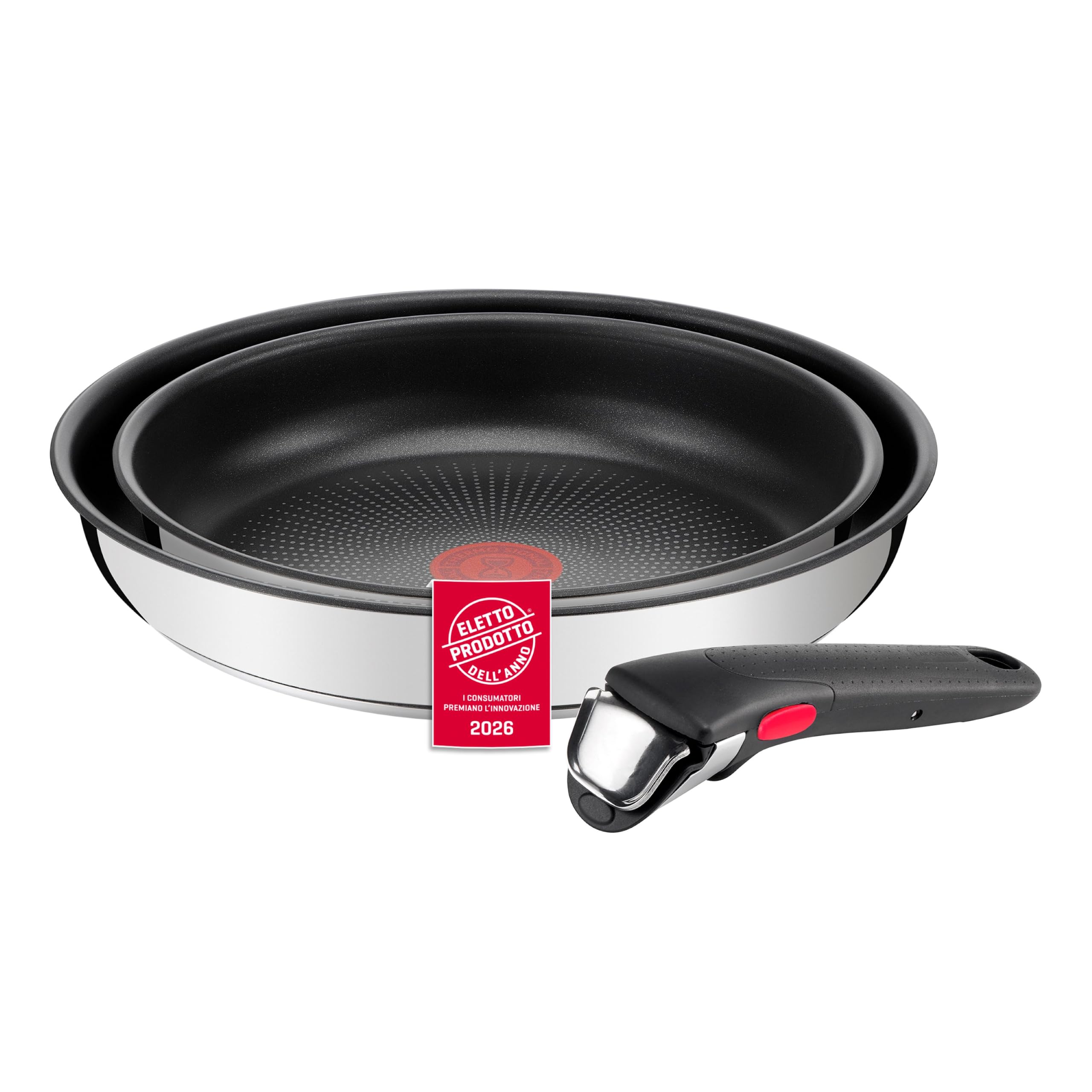 Lagostina Ingenio Inox, Set 3 Pezzi, Padelle in Acciaio Inox da 24 cm e 28 cm, Rivestimento Antiaderente, Manico Rimovibile, Salvaspazio, Adatto a Tutte le Fonti di Calore, Inclusa Induzione