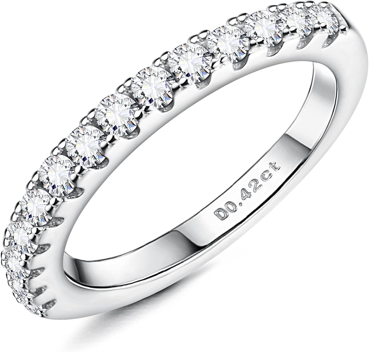 Moissanite Wedding Band Ring, 0.42 ct D Color VVS1 Lab Created Diamond Half Eternity Rings, 18K White Gold Plated 925 Sterling Silver Stackable Ring for Women Size 5-11