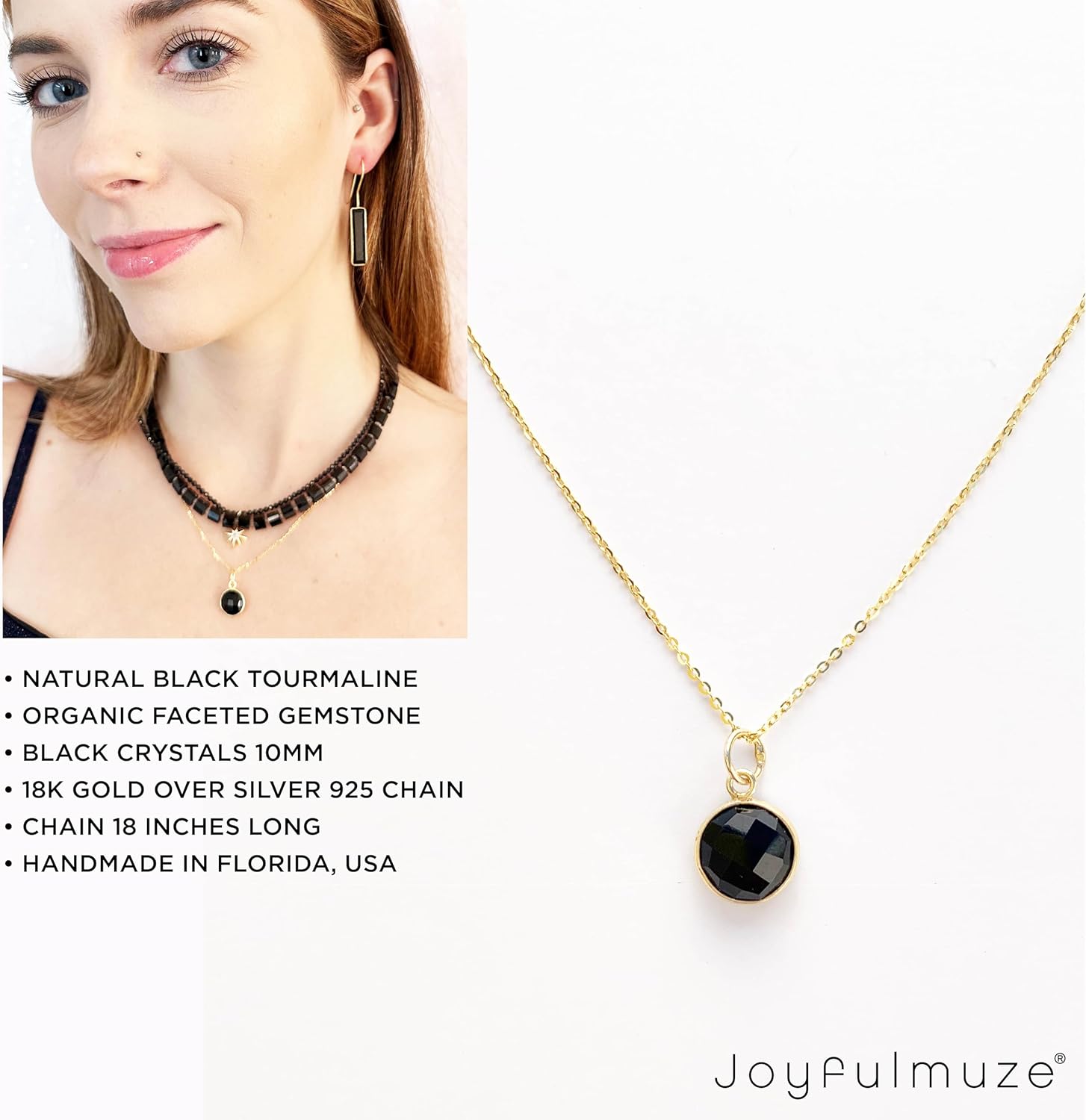 Genuine Black Tourmaline, Faceted Round Stone, Sterling Siver 18K Gold Plated, Handmade Jewelry Gifts for Women (Black Tourmaline Gold) - Image 7