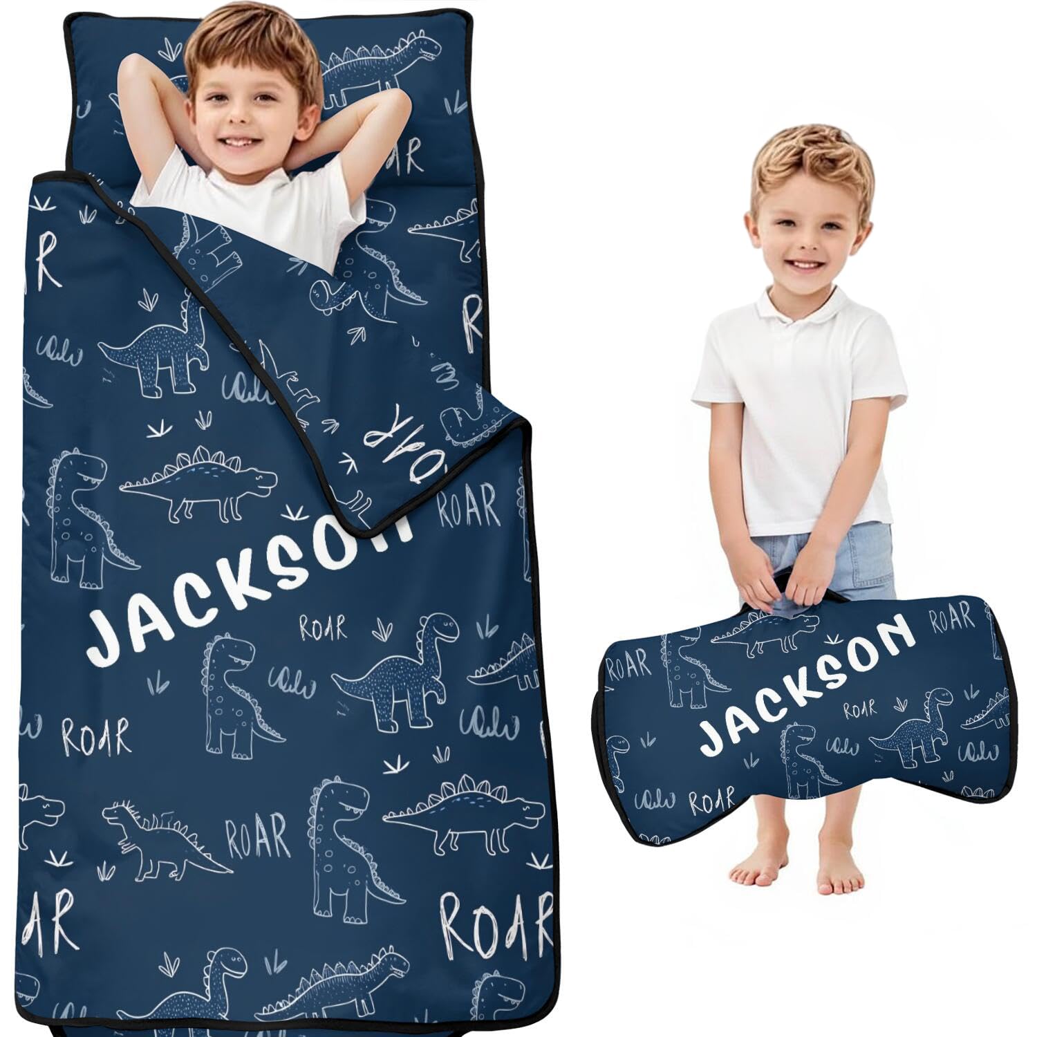 Personalized Dinosaur Toddler Nap Mat with Name for Boys, Customized Kids Slumber Bags with Removable Pillow and Blanket, Kids Sleeping Bags for Preschool Daycare, Toddler Roll Up Napping Mat