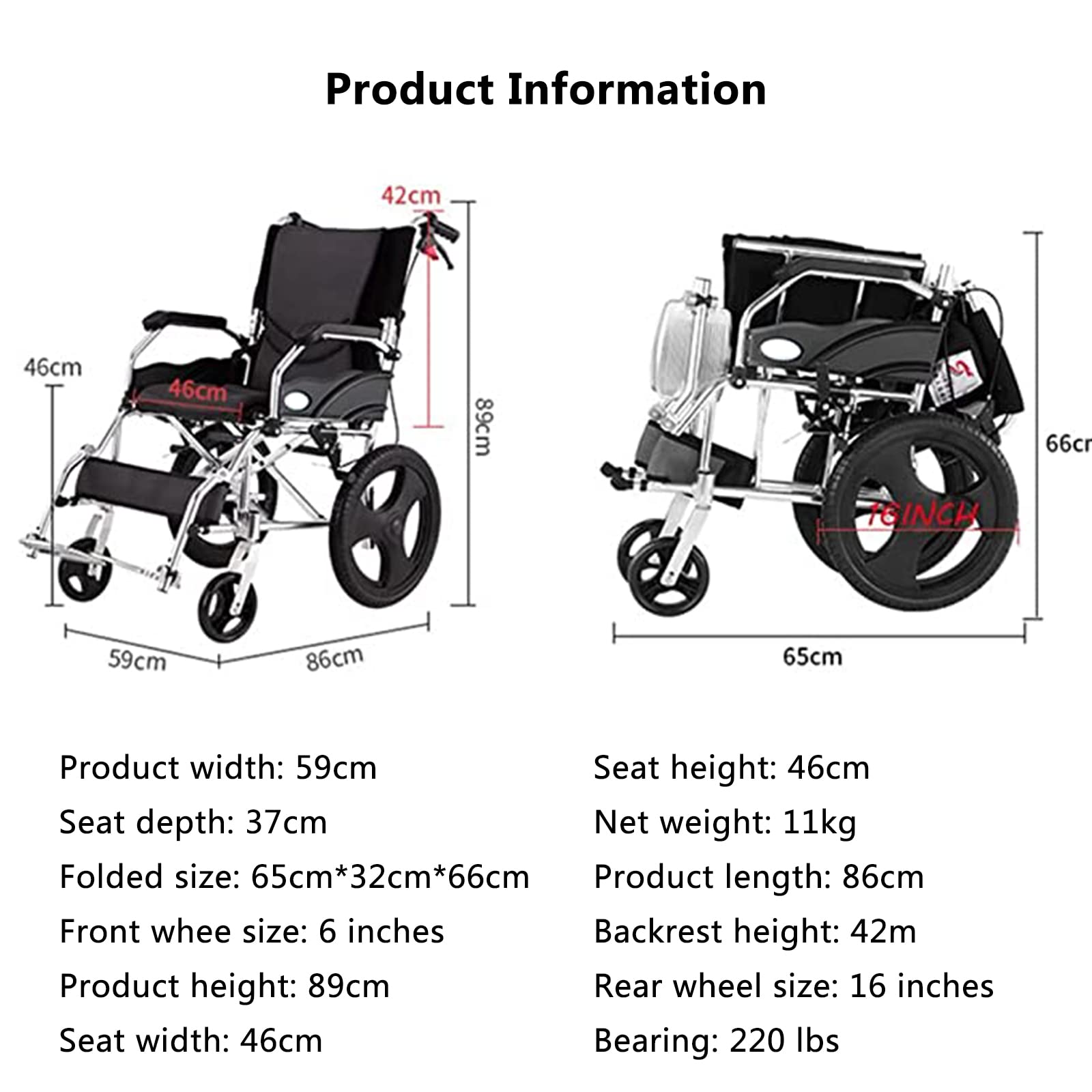 Silla de Ruedas móvil Plegable, Silla de Ruedas de Transporte, Silla de Ruedas de Aluminio, Ligera, portátil y Plegable con aleación de magnesio, reposabrazos completos,Black