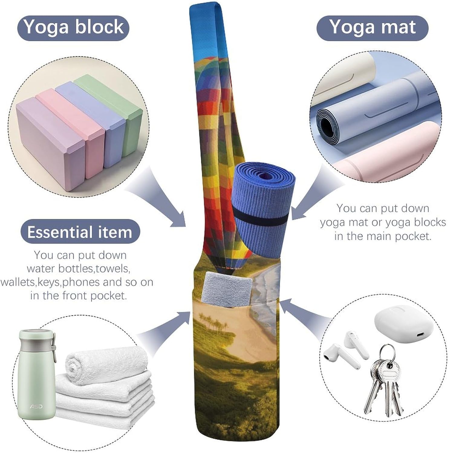 Yoga Mat Bag Large Opening Long Portable Yoga Mat Multifunctional Hawaii Hot Air Balloon Printed Storage Bag Suitable for Fitness Pilates