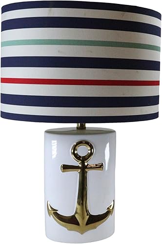 Ebros Gift Lámpara de mesa de cerámica con ancla de barco dorado de mar rústico náutico costero con azul marino marinero a rayas sombra colorida