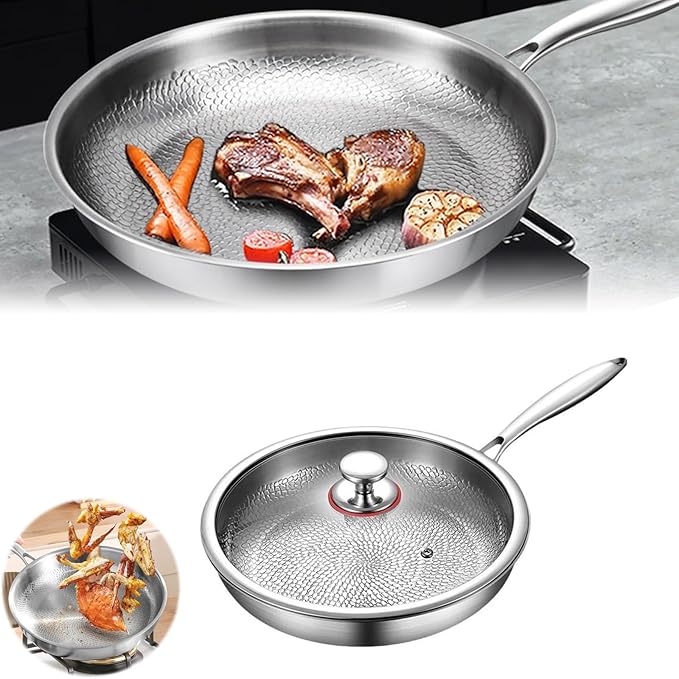 2025 Titanium Hammered Pan Pro with Lid | 100% Pure Titanium | Ultra-Durable Scratch-Resistant Non Stick | Fast Even Heating 3-Layer | Family-Sized Healthy Cooking Pan (XL: 11.81in)
