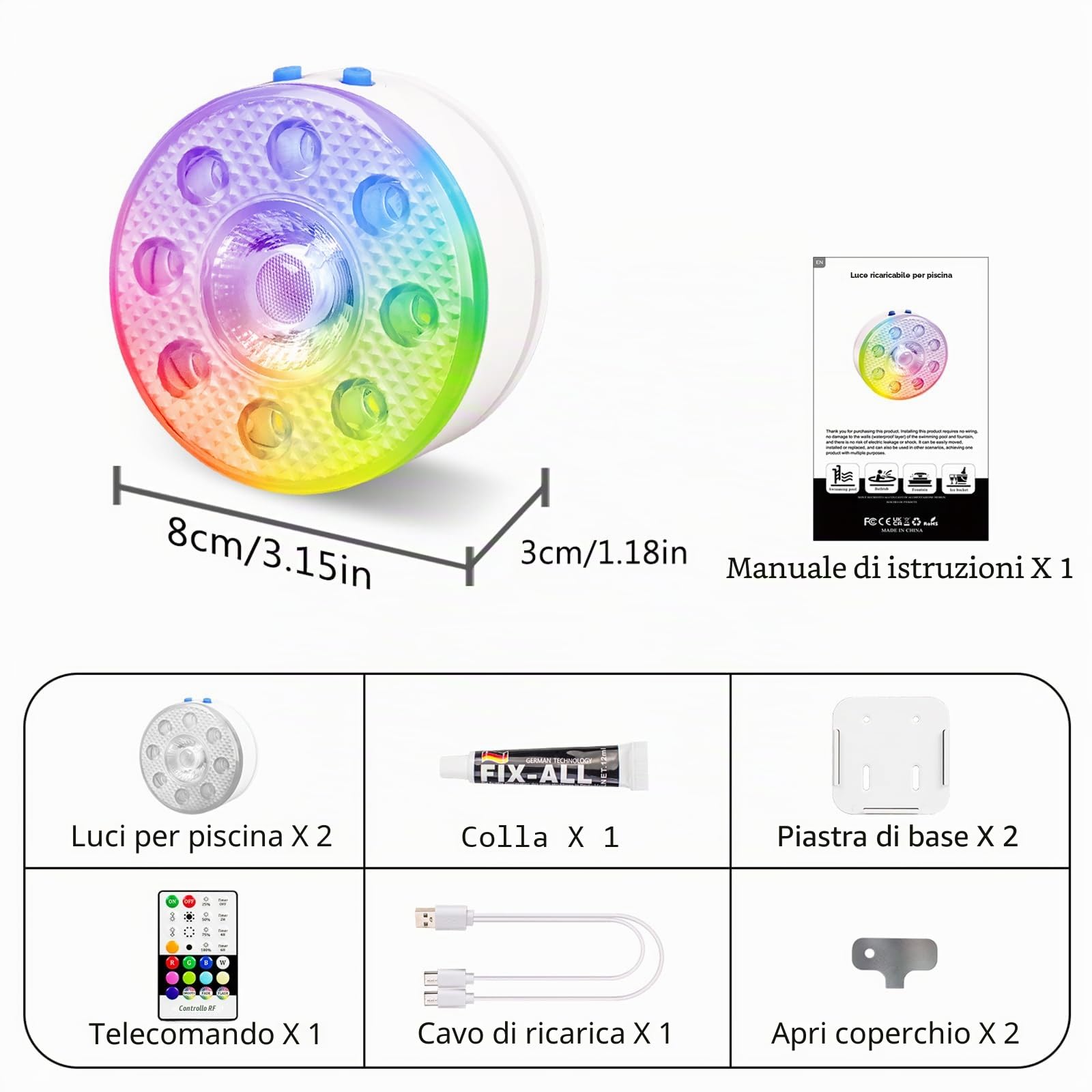 Idyl Light Luci sommergibili ricaricabili per piscina, con telecomando e funzionamento a batteria, LED colori vari, magnetizzate, luci galleggianti